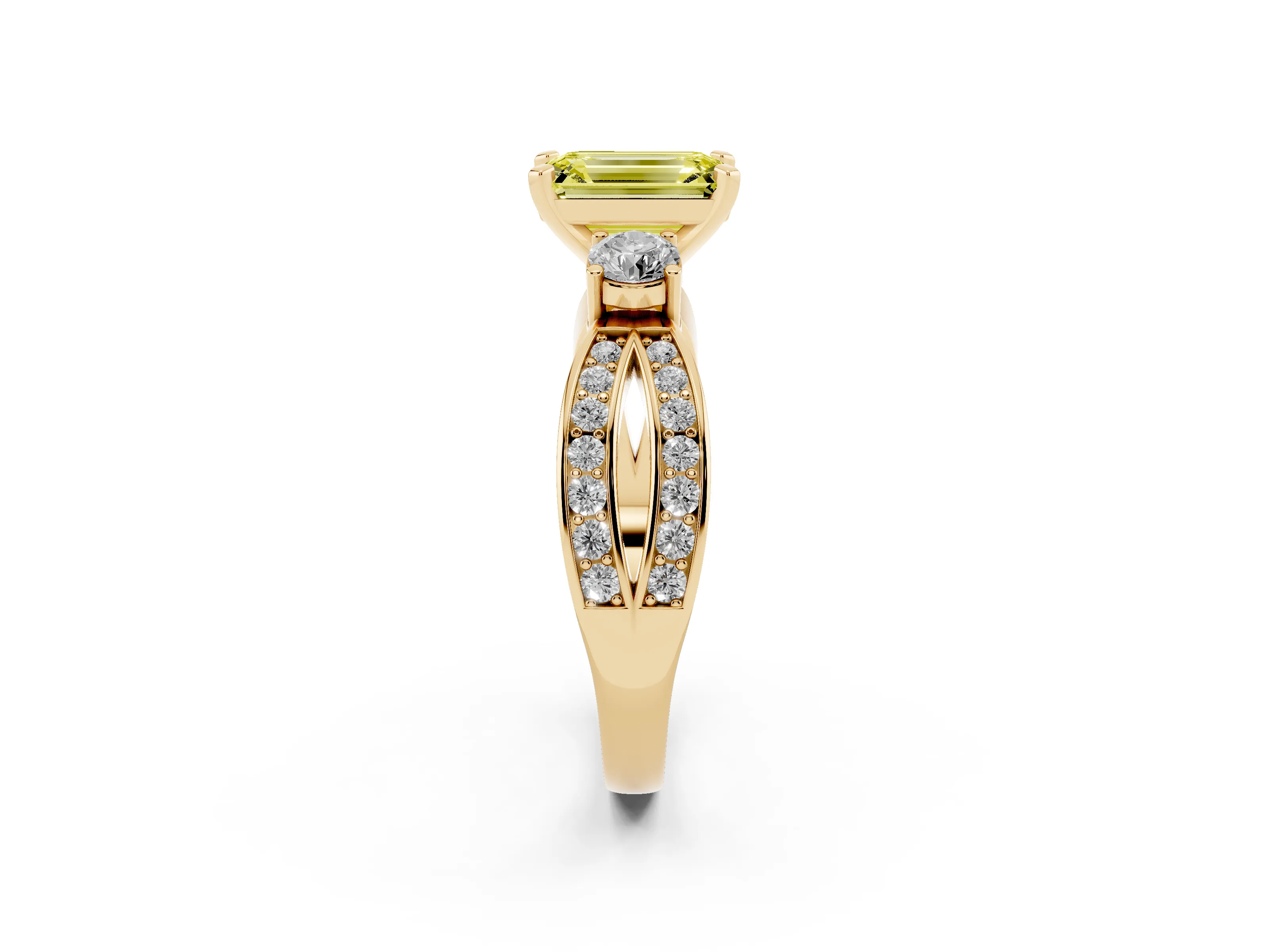 Fancy Yellow Three-Stone Emerald Cut Diamond Twist Band Ring Set in Yellow gold with Pavé Accents and Prong Setting