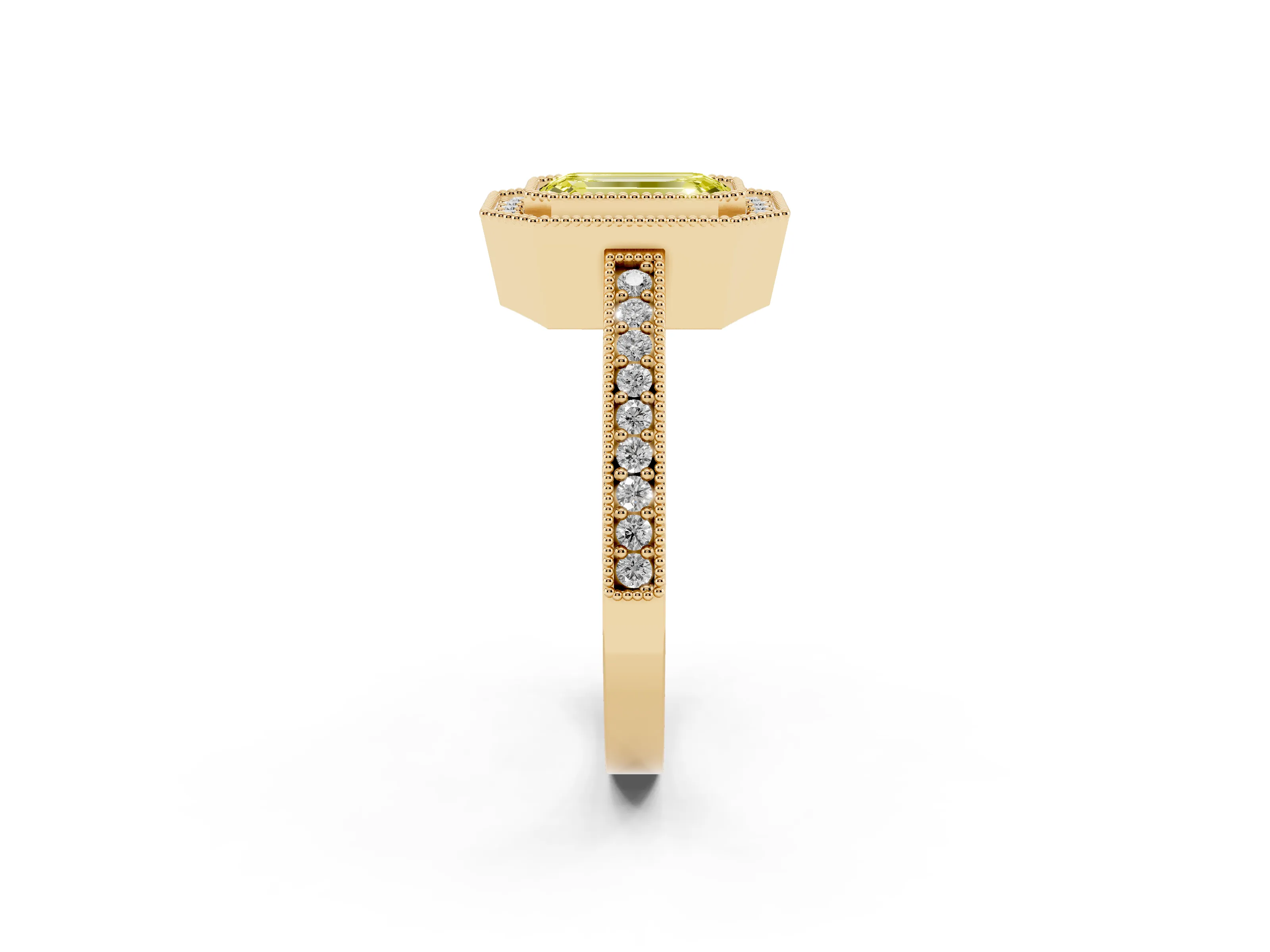 Fancy Yellow Emerald Cut Diamond Halo Engagement Ring Set in Yellow gold with Pavé Band and Round Halo Stones