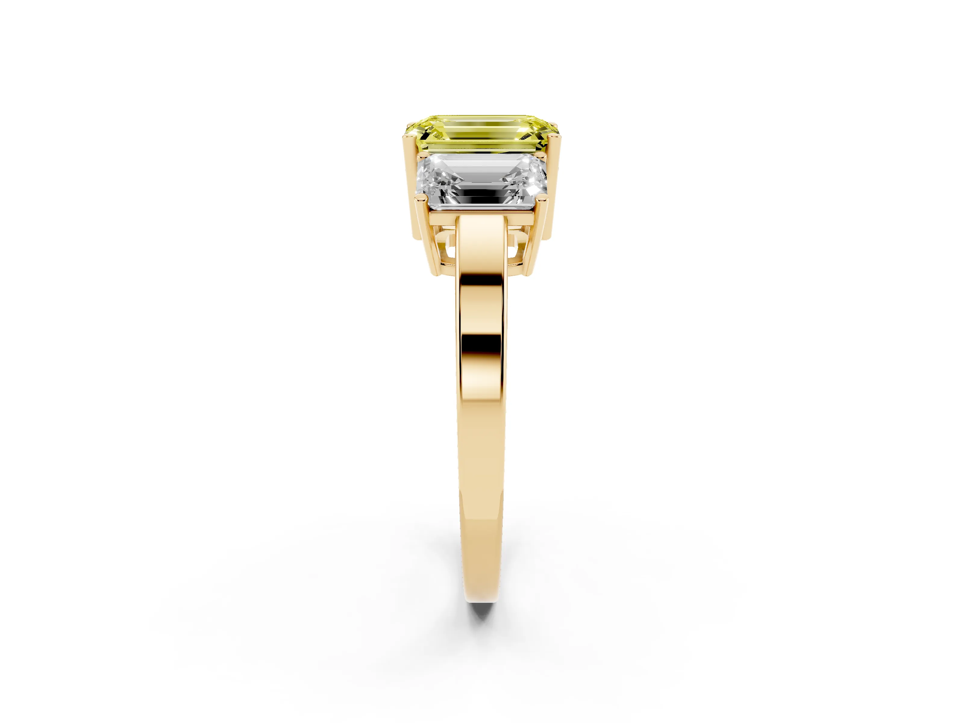 Fancy Yellow Emerald Cut Diamond Three-Stone Engagement Ring Set in Yellow gold with Flat Band