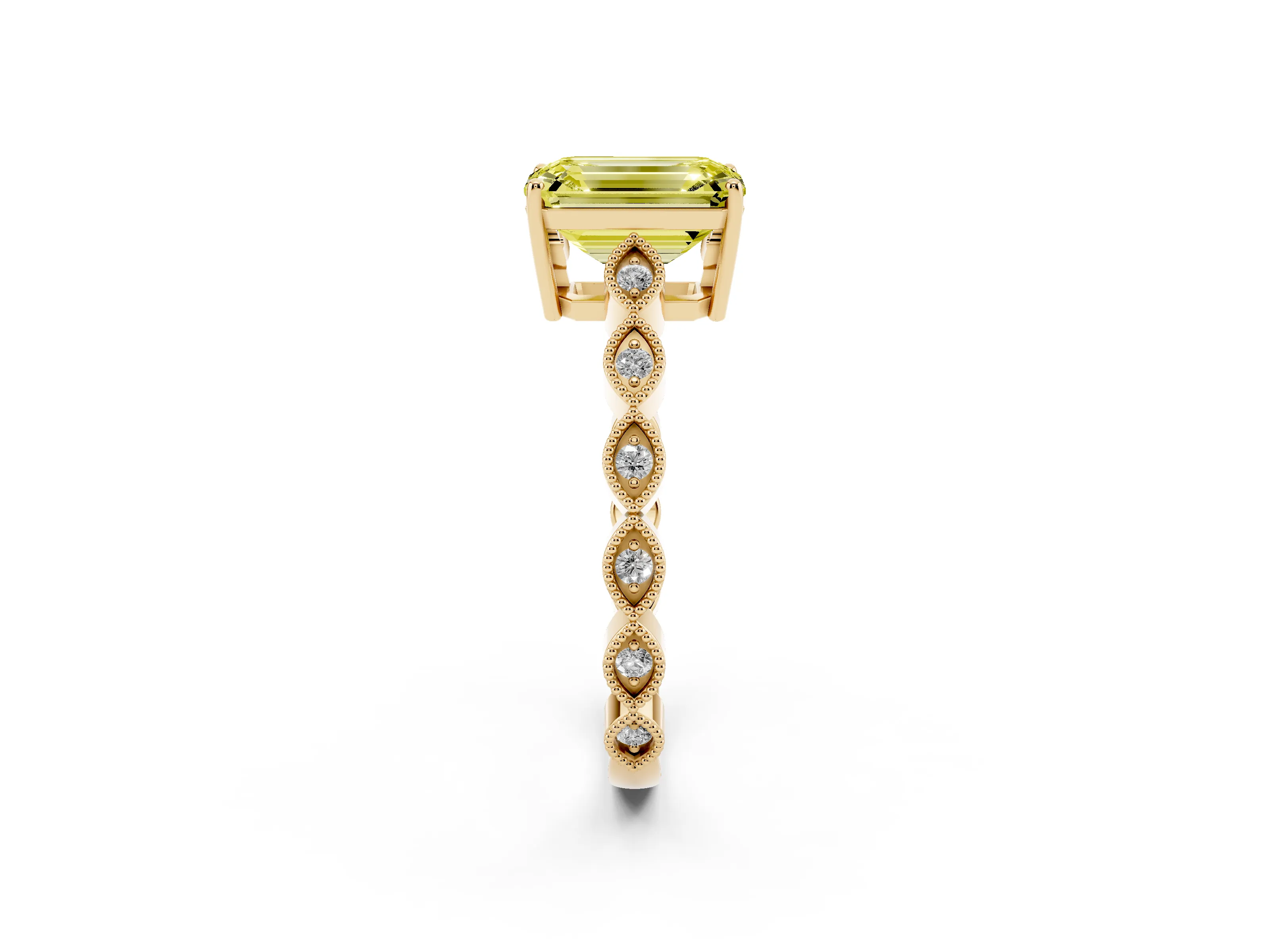Fancy Yellow Emerald Cut Diamond Solitaire Ring Set in Yellow gold with Infinity Twist Pavé Band