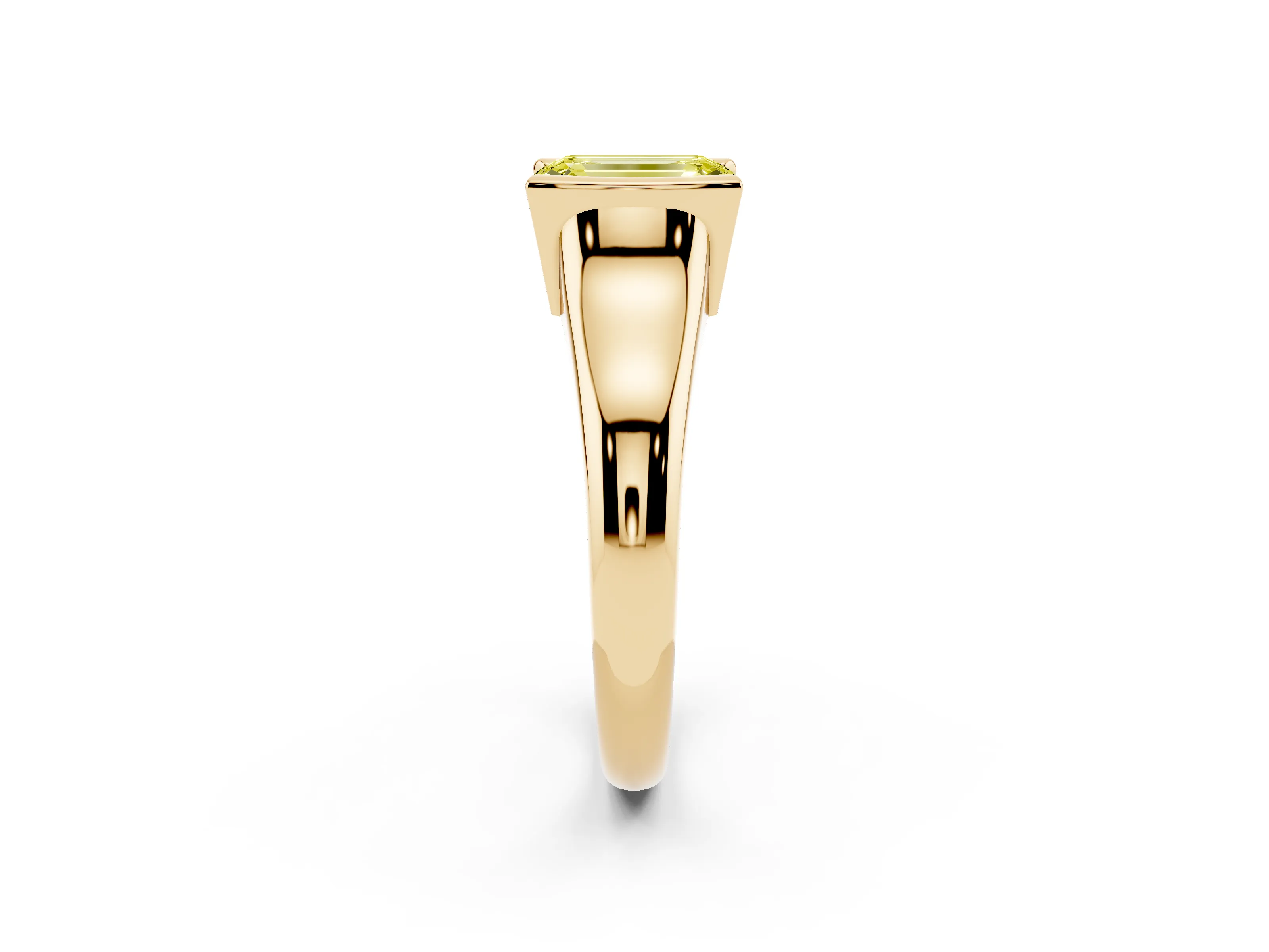 Fancy Yellow Emerald Cut Diamond Solitaire Tension Set Ring Set in Yellow gold with Split Shank Band