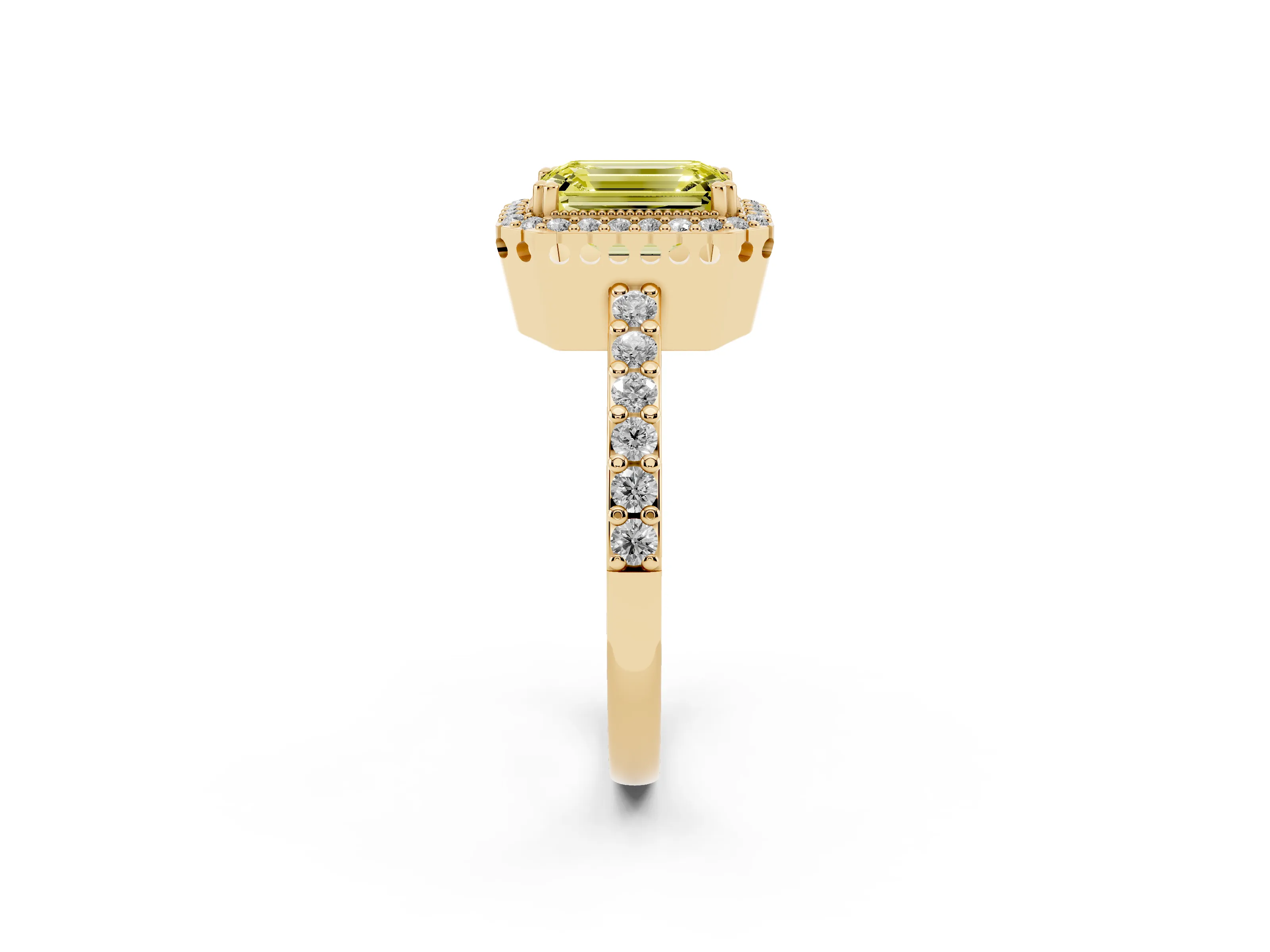 Fancy Yellow Emerald Cut Diamond Halo Engagement Ring Set in Yellow gold with Milgrain Detail and Pavé Band