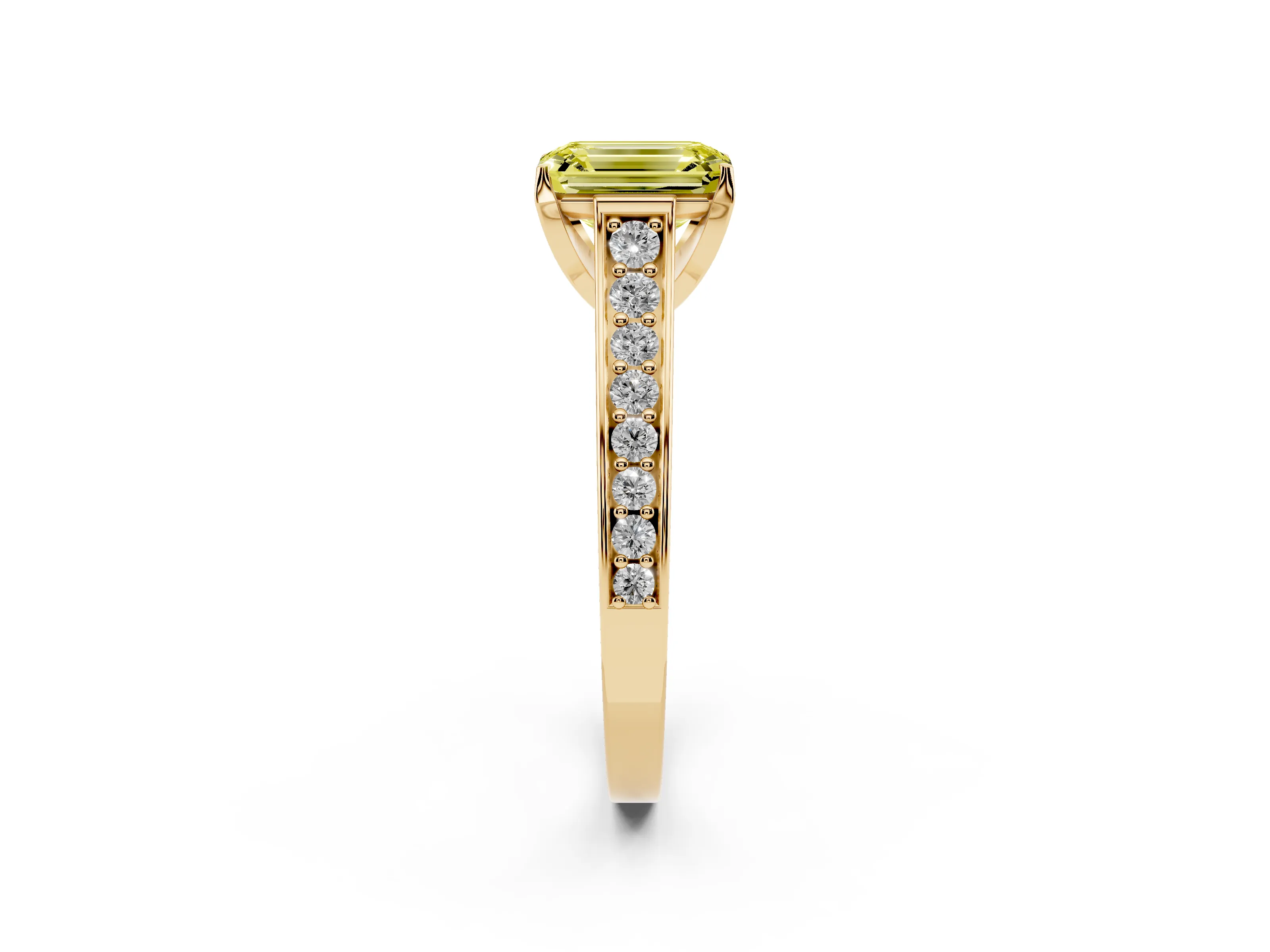 Fancy Yellow Emerald Cut Diamond Solitaire Pavé Engagement Ring Set in Yellow gold with Prong Setting