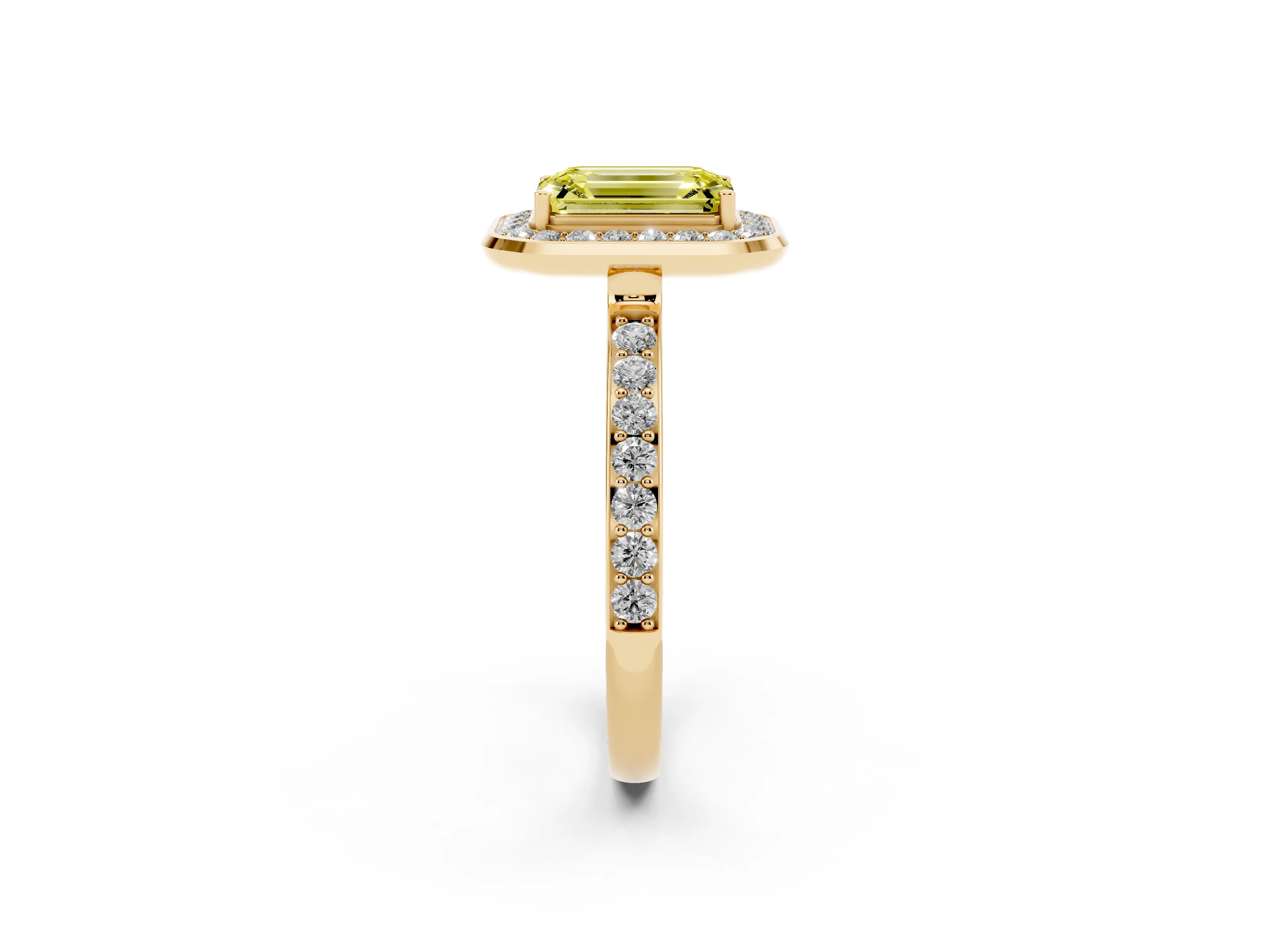 Fancy Yellow Emerald Cut Diamond Halo Ring Set in Yellow gold with Bezel Frame and Pavé Band