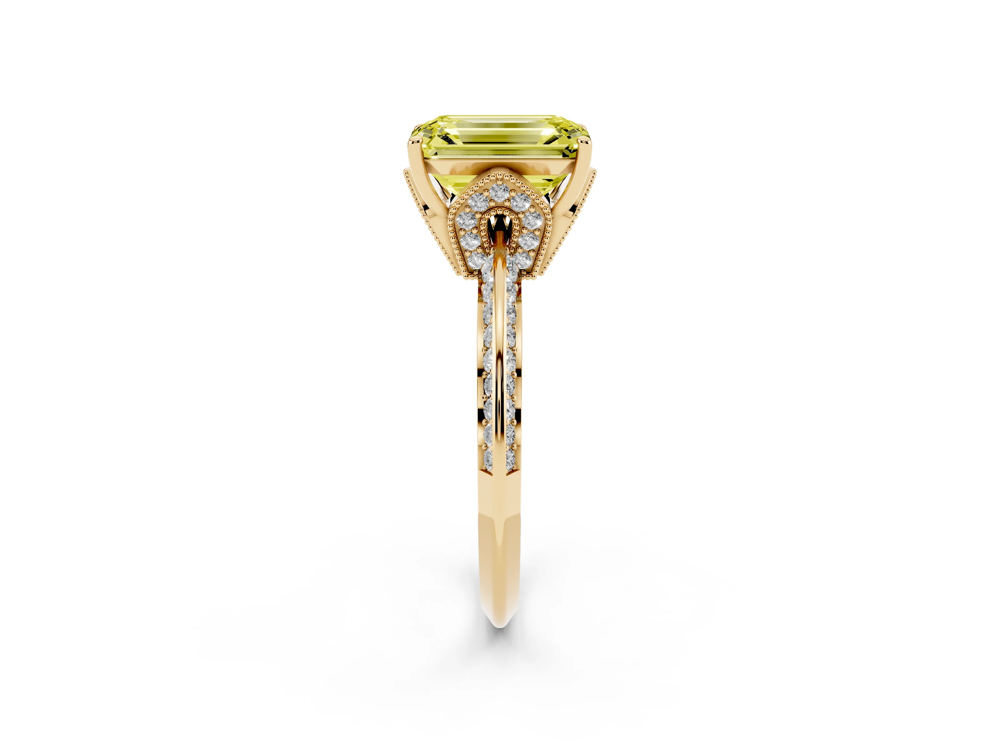 Fancy Yellow Emerald Cut Diamond Solitaire Engagement Ring Set in Yellow gold with Pavé Split Shank and Prong Setting