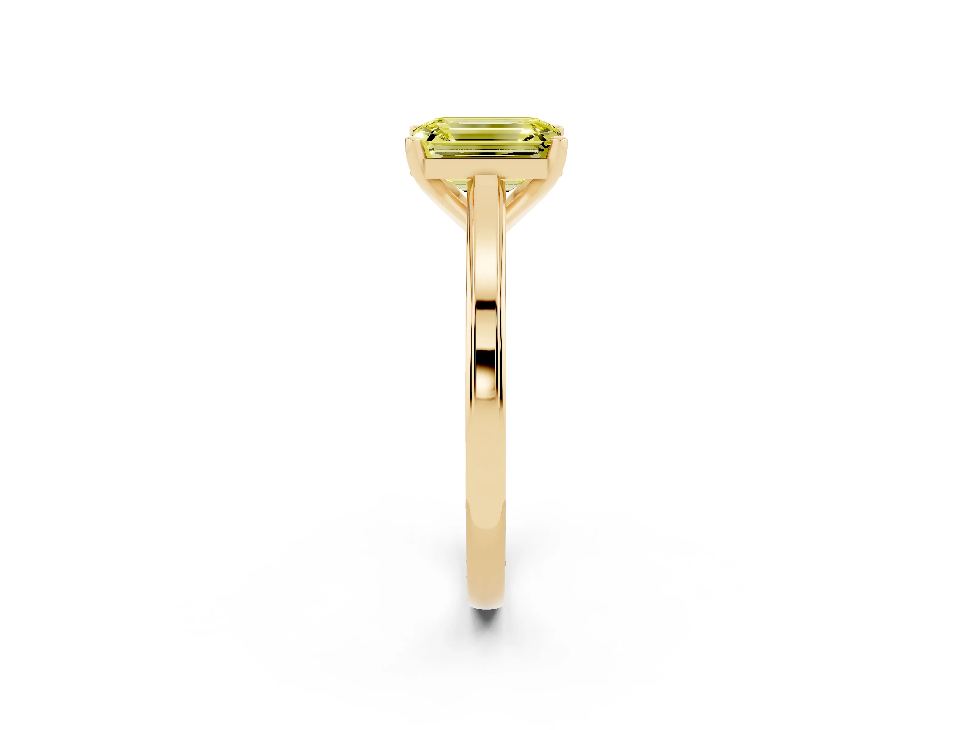 Fancy Yellow Emerald Cut Diamond Solitaire Ring Set in Yellow gold with Prong Setting and Classic Band