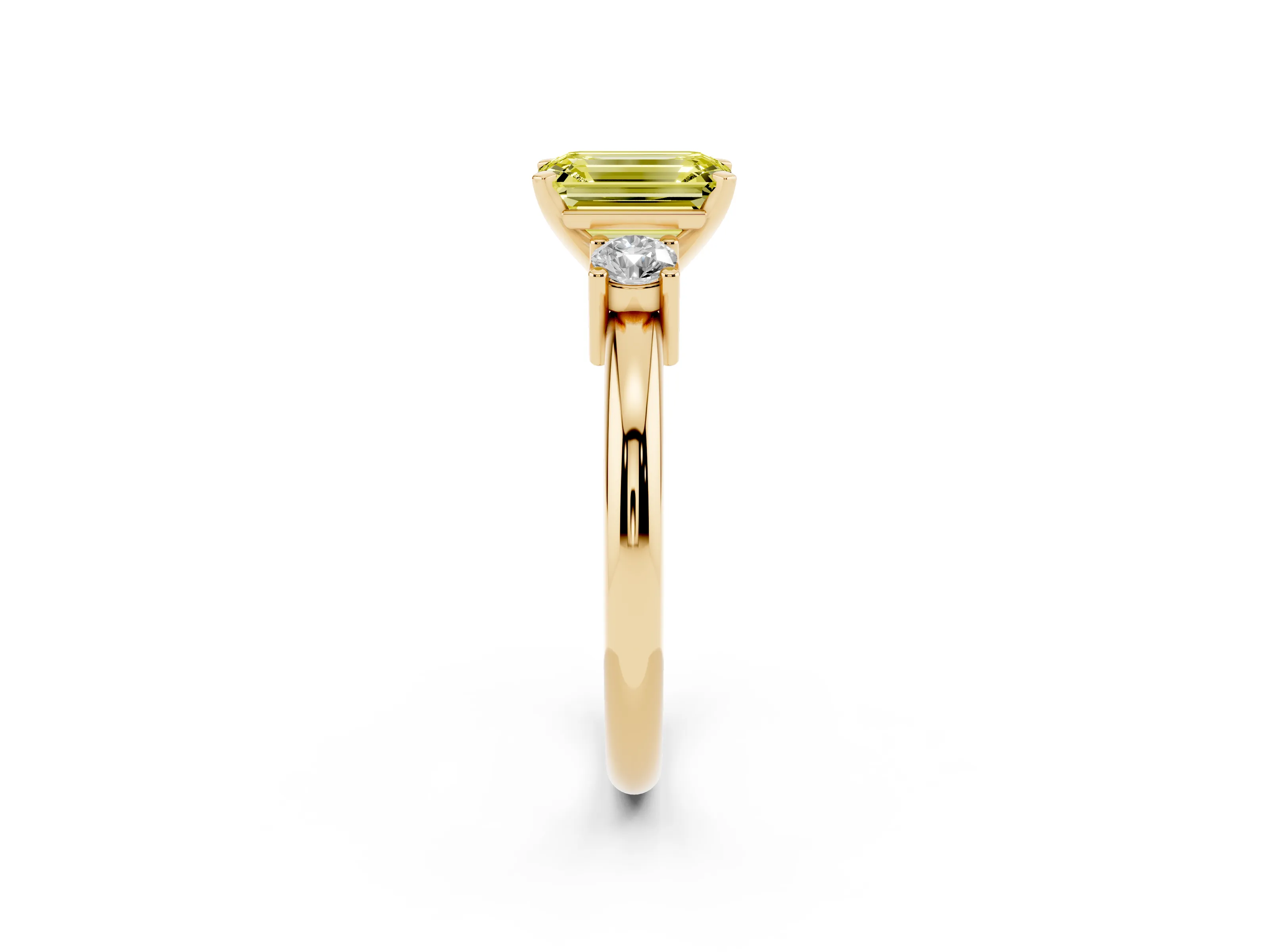Fancy Yellow Three-Stone Emerald Cut Diamond Ring Set in Yellow gold with Prong Setting and Plain Band