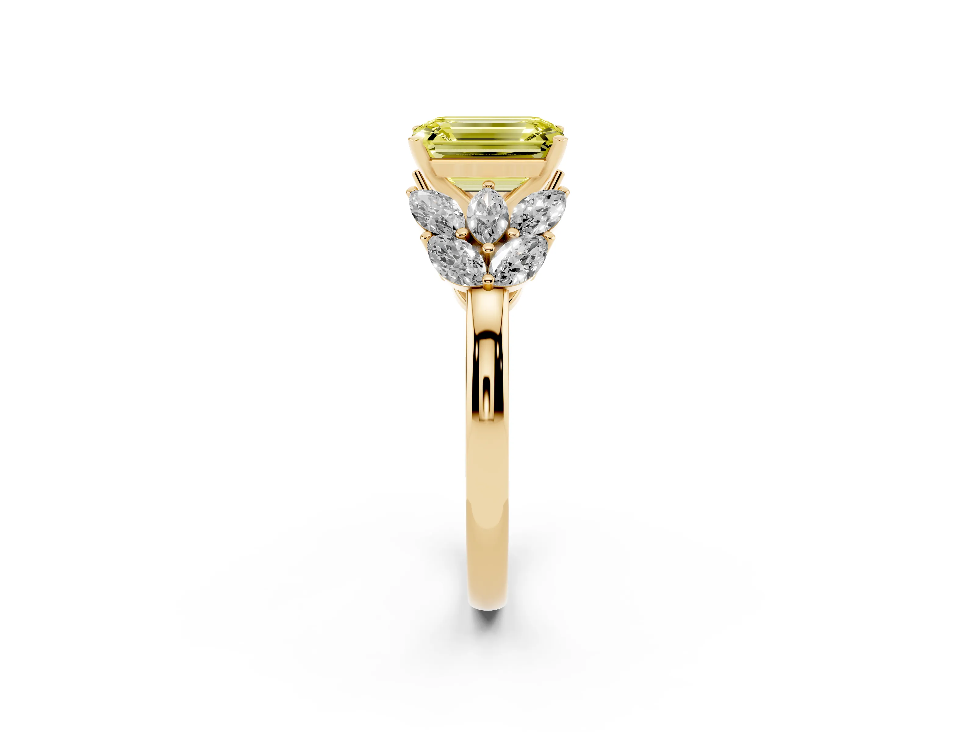 Fancy Yellow Emerald Cut Diamond Cluster Leaf Design Ring Set in Yellow gold with Prong Setting