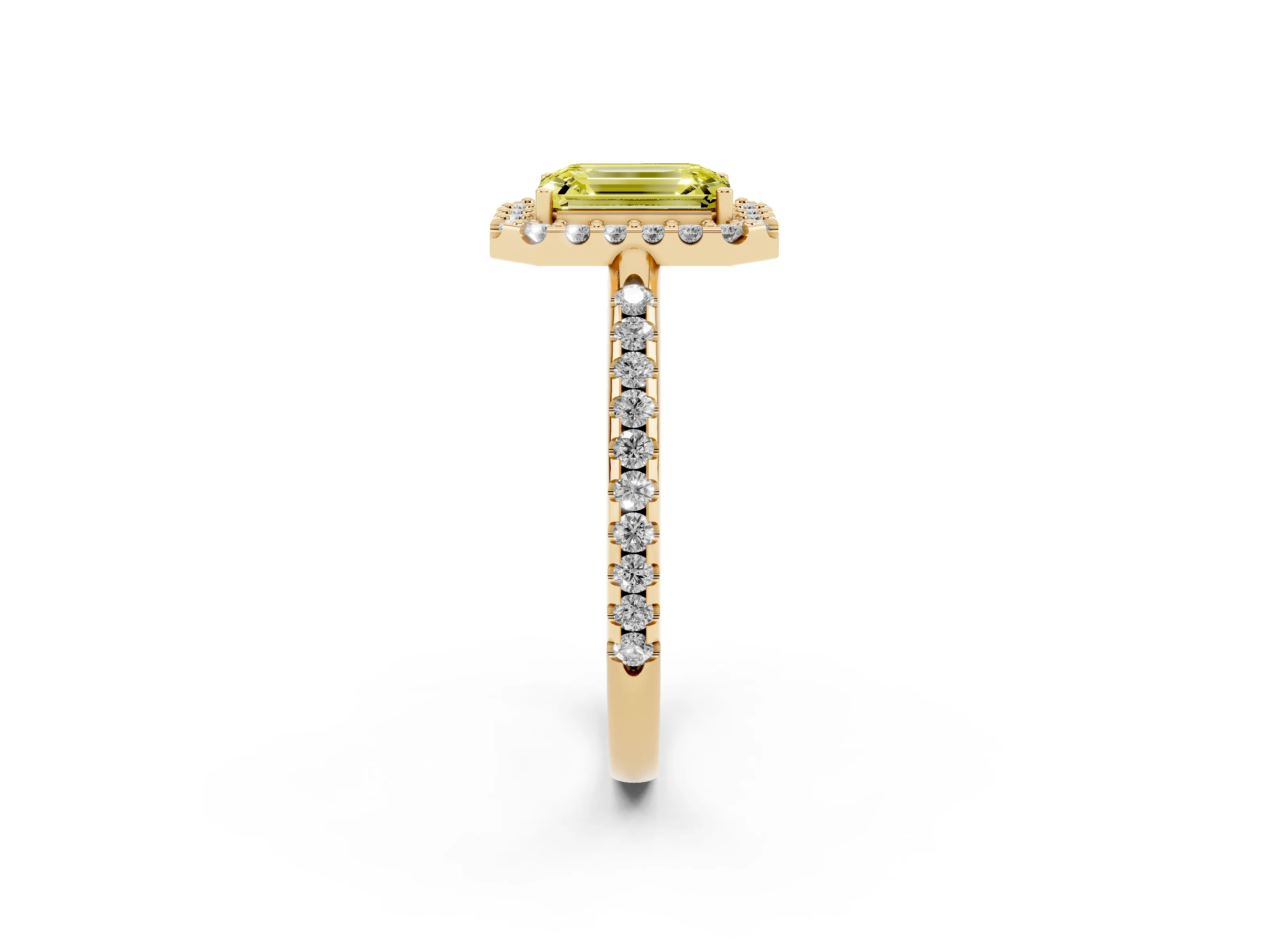 Fancy Yellow Emerald Cut Diamond Pavé Halo Ring Set in Yellow gold with Prong Setting