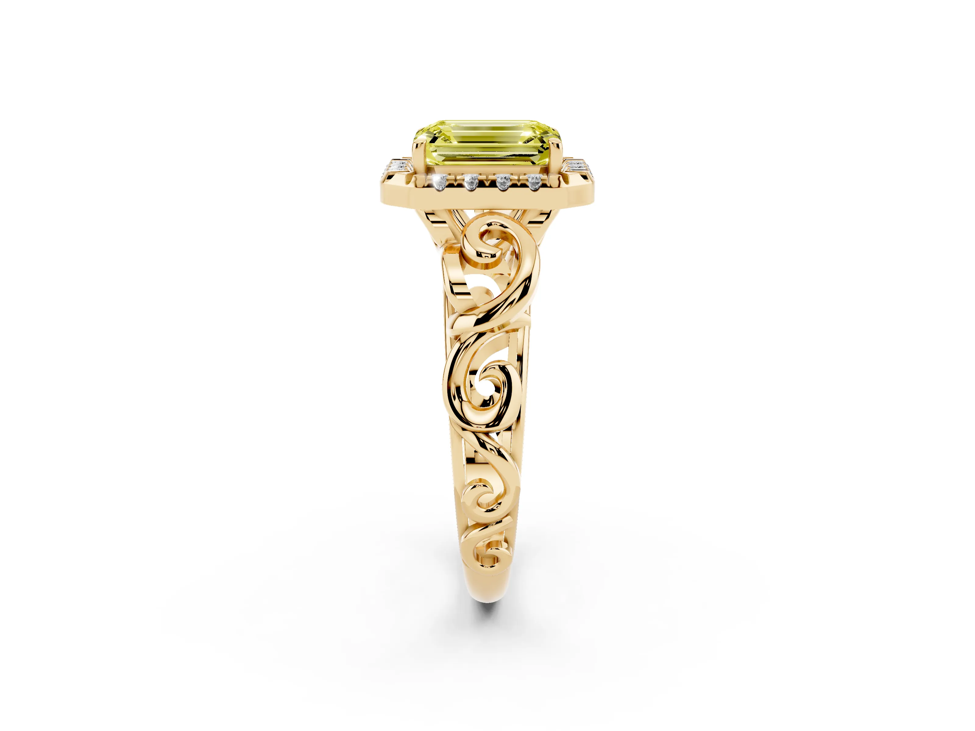 Fancy Yellow Emerald Cut Diamond Halo Ring Set in Yellow gold with Scrollwork Band and Prong Setting