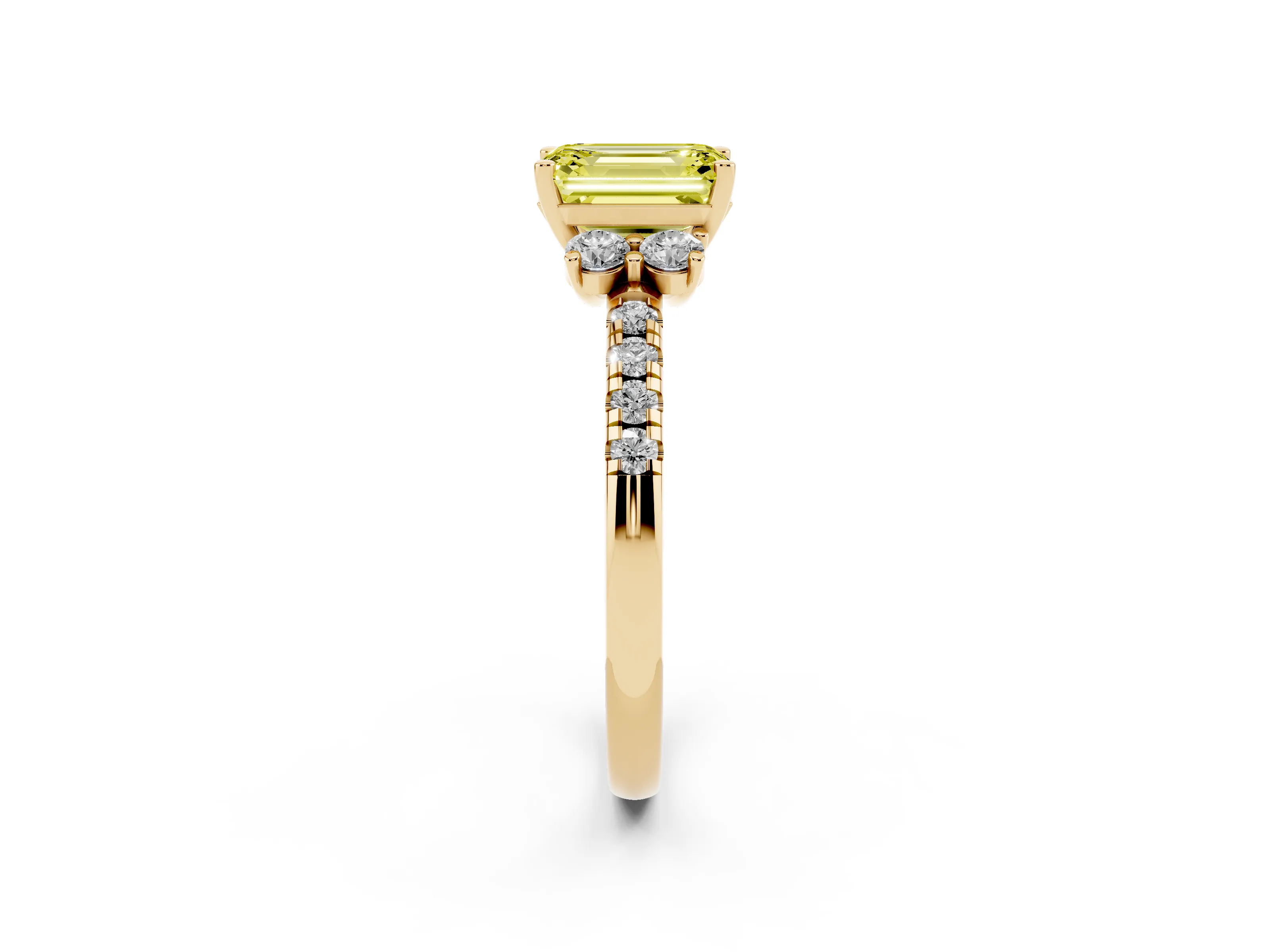 Fancy Yellow Emerald Cut Diamond Three-Stone Pavé Ring Set in Yellow gold with Prong Setting