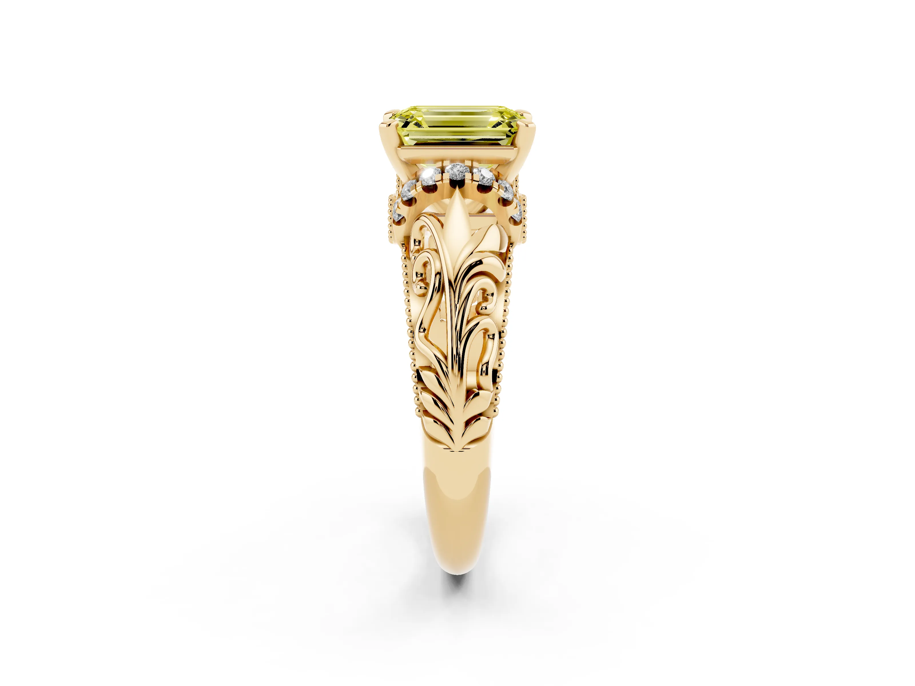 Fancy Yellow Emerald Cut Diamond Filigree Halo Engagement Ring Set in Yellow gold with Prong Setting