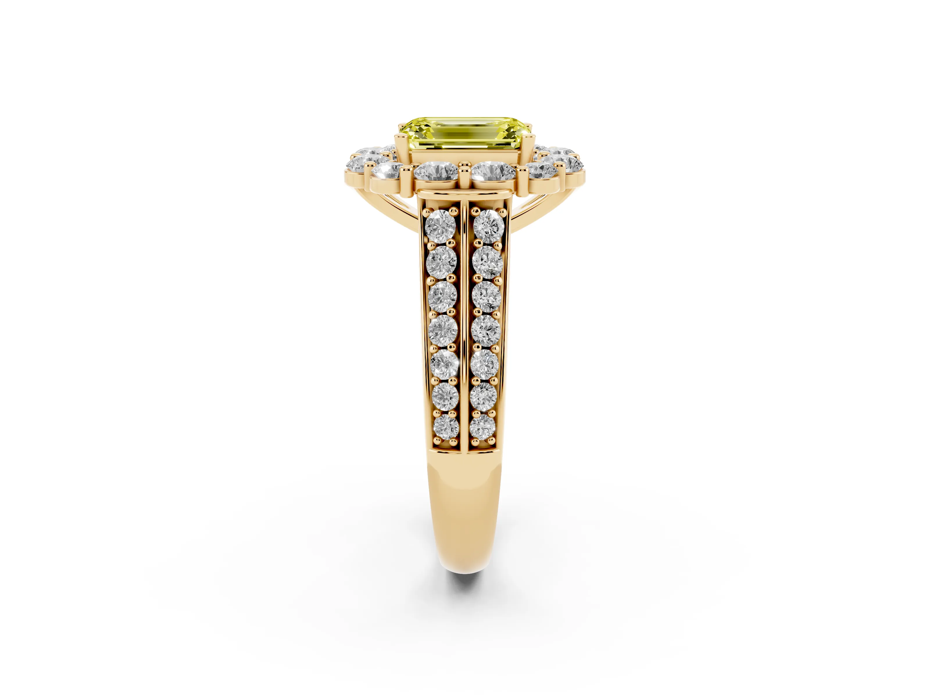 Fancy Yellow Emerald Cut Diamond Halo Engagement Ring Set in Yellow gold with Split Shank and Prong Setting