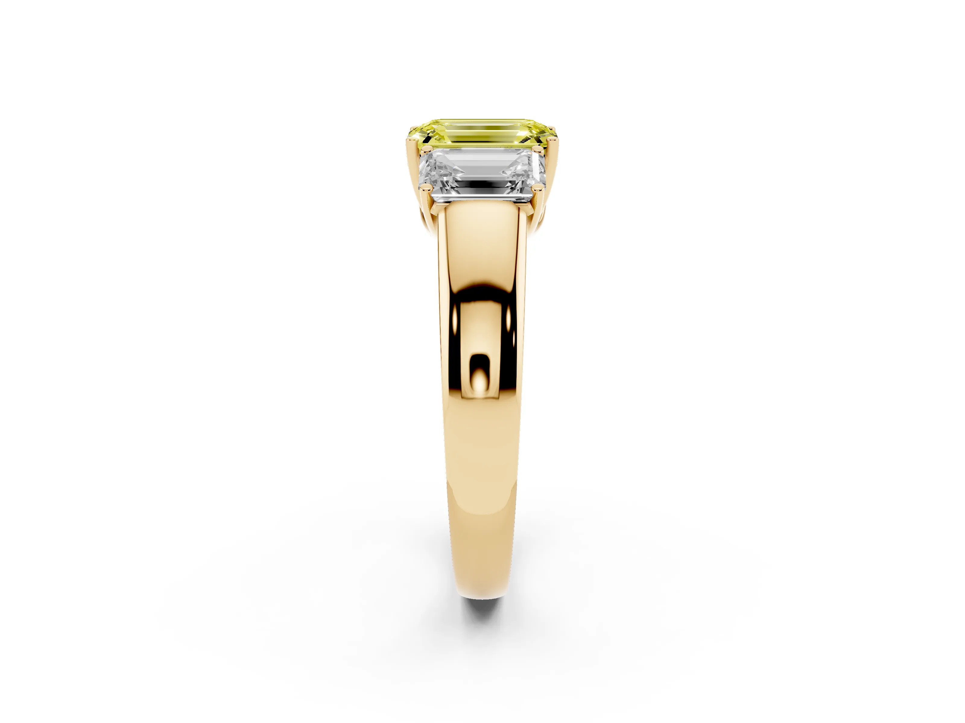 Fancy Yellow Three-Stone Emerald Cut Diamond Ring Set in Yellow gold with Matching Prong Settings and Plain Band