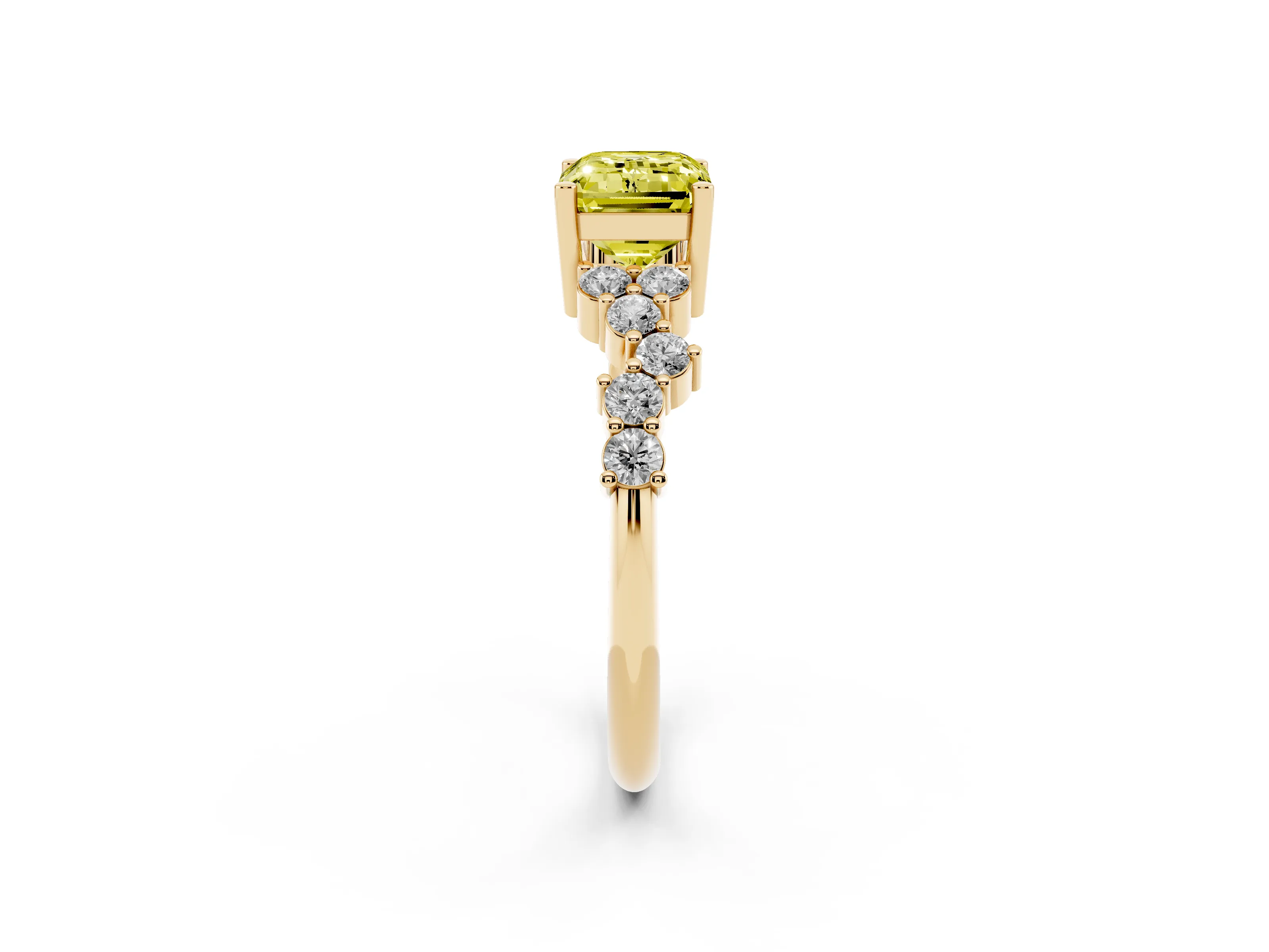 Fancy Yellow Emerald Cut Diamond Ring Set in Yellow gold with Scattered Round Accents