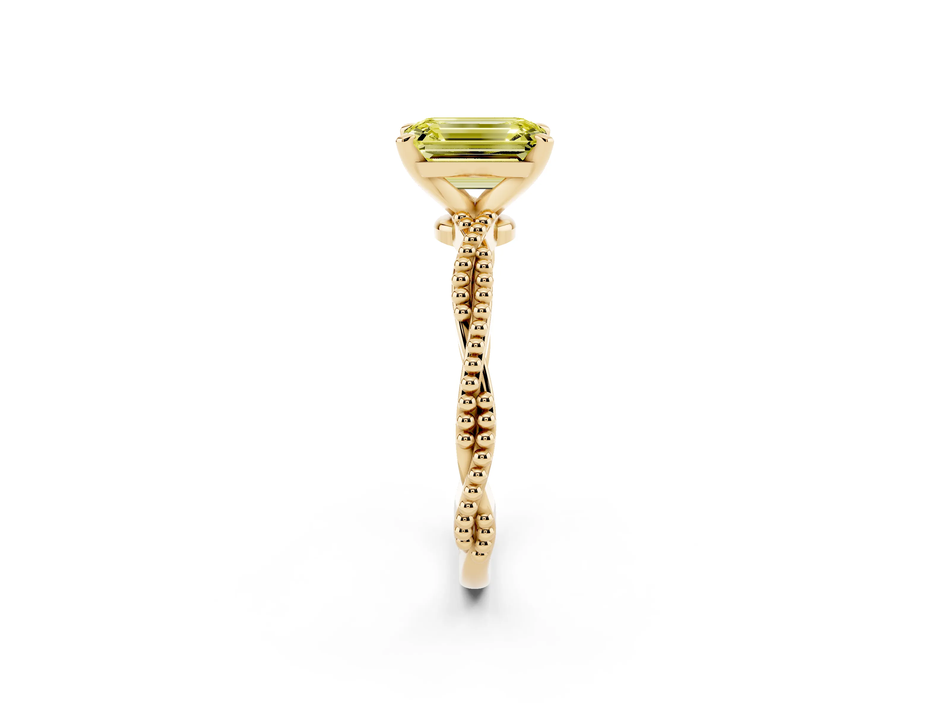 Fancy Yellow Emerald Cut Diamond Solitaire Ring Set in Yellow gold with Twisted Band and Bead Prong Setting