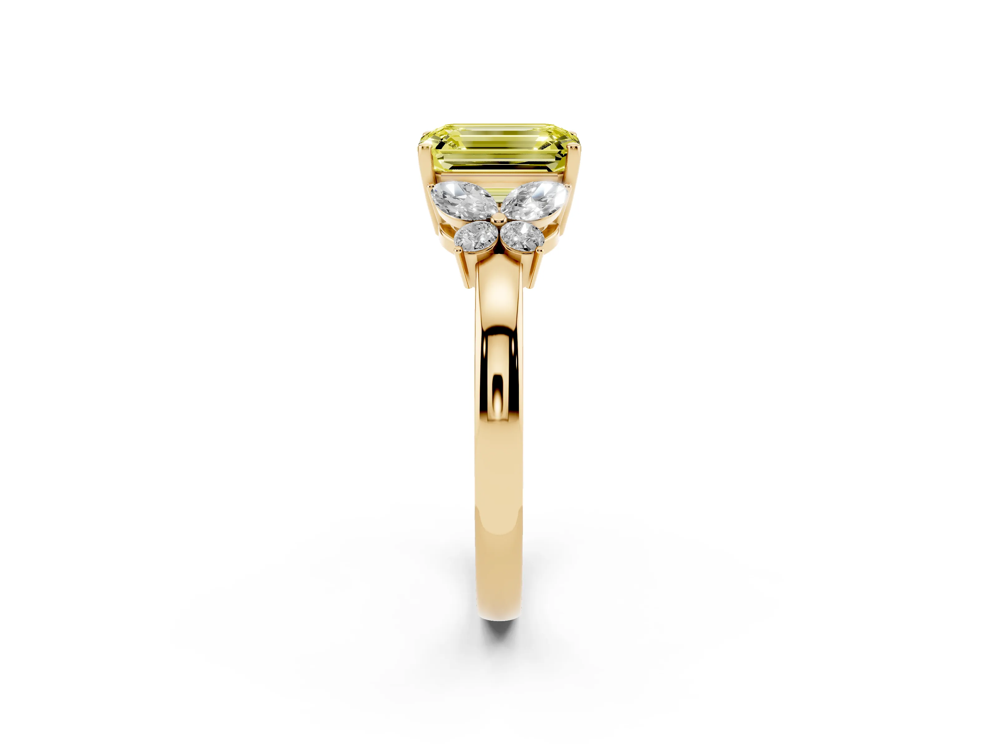 Fancy Yellow Emerald Cut Diamond Solitaire Floral Ring Set in Yellow gold with Marquise Petals and Prong Setting