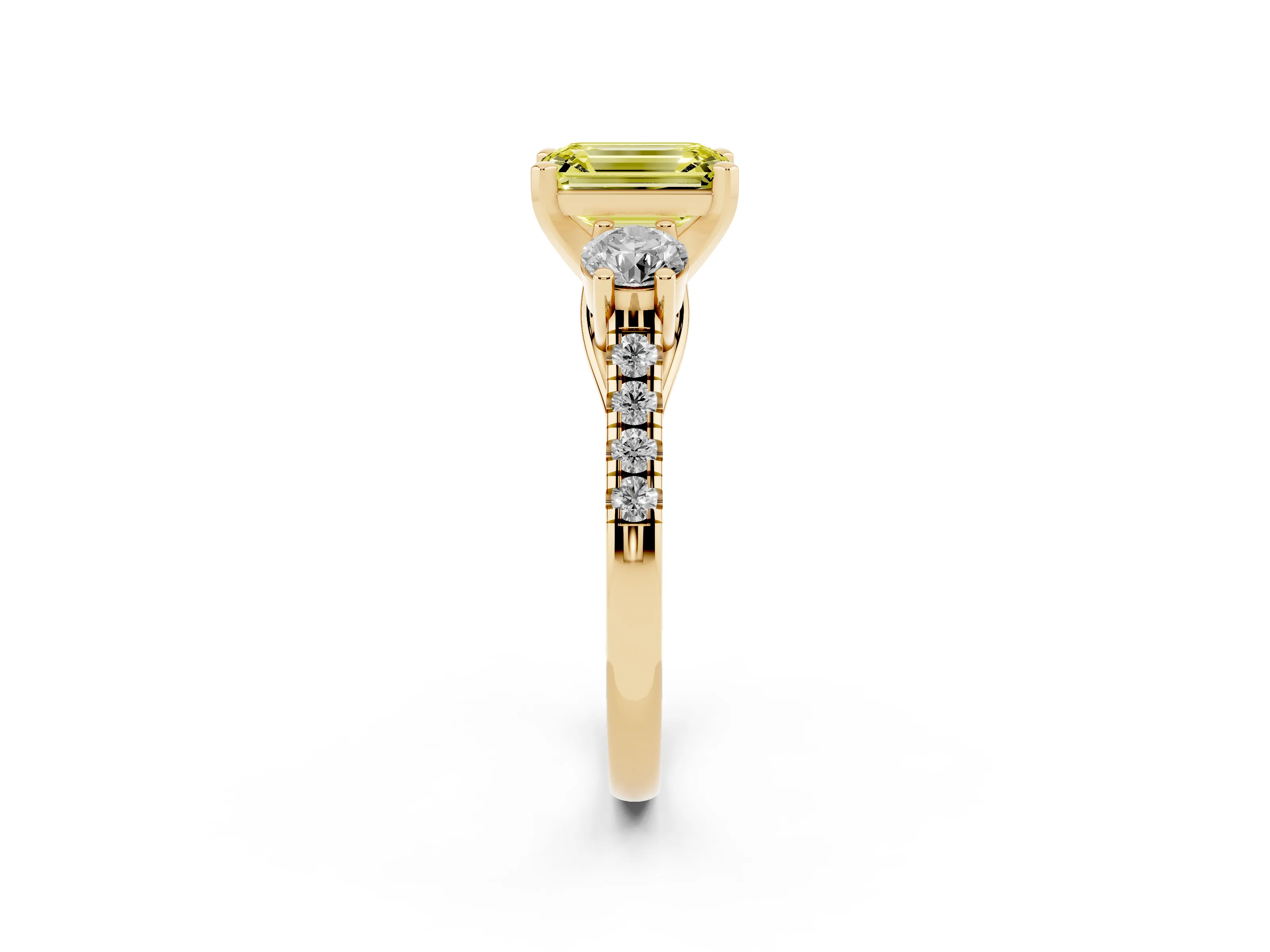 Fancy Yellow Three-Stone Emerald Cut Diamond Pavé Band Ring Set in Yellow gold with Prong-Set Trio