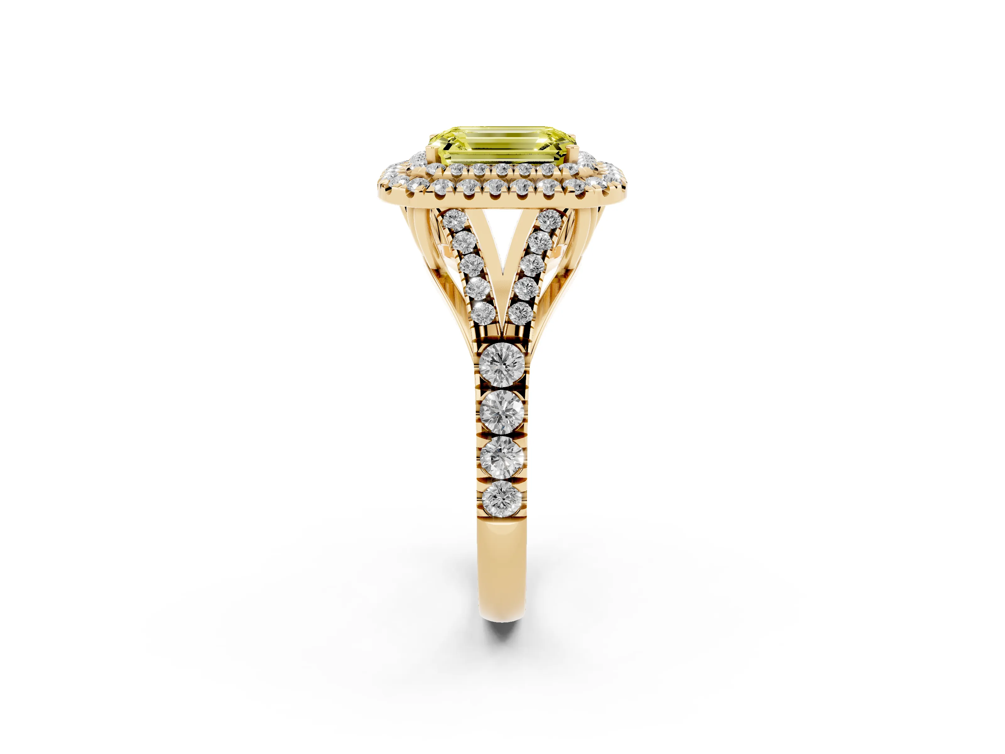Fancy Yellow Emerald Cut Diamond Pavé Split Shank Double Halo Engagement Ring Set in Yellow gold