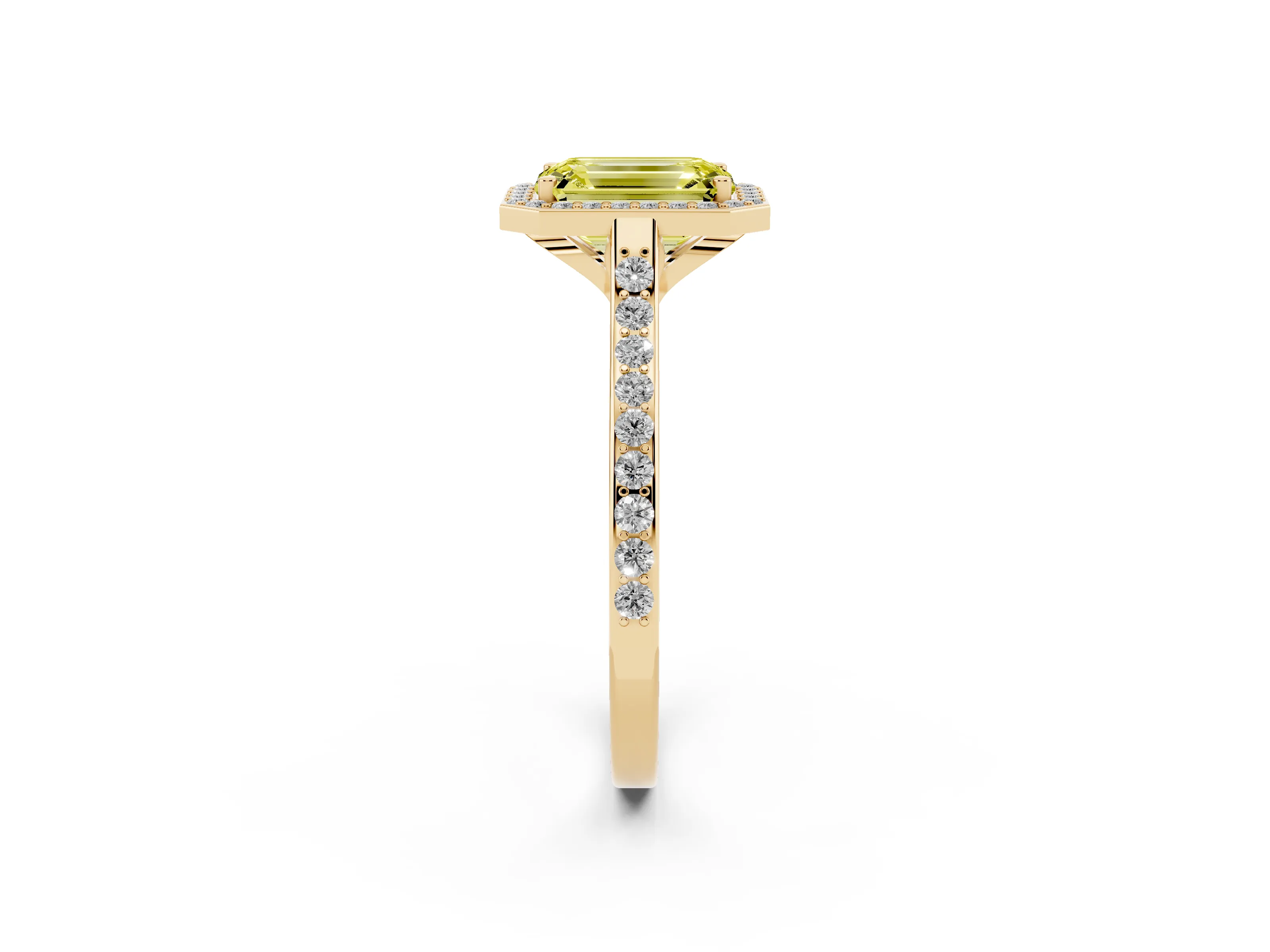 Fancy Yellow Emerald Cut Diamond Halo Engagement Ring Set in Yellow gold with Round Pavé Shoulders and Heart Gallery