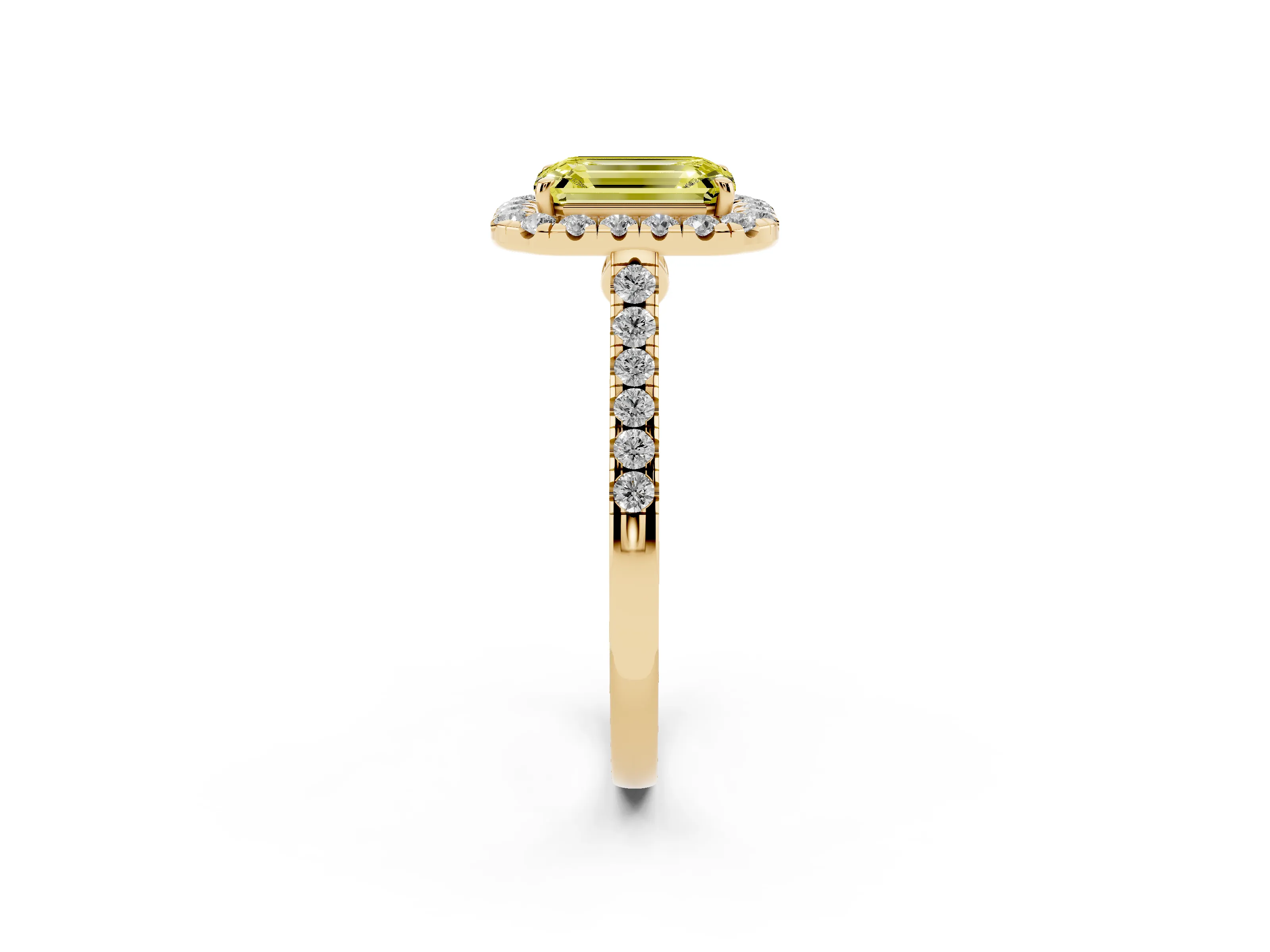 Fancy Yellow Emerald Cut Diamond Halo Pavé Engagement Ring Set in Yellow gold with Prong Setting