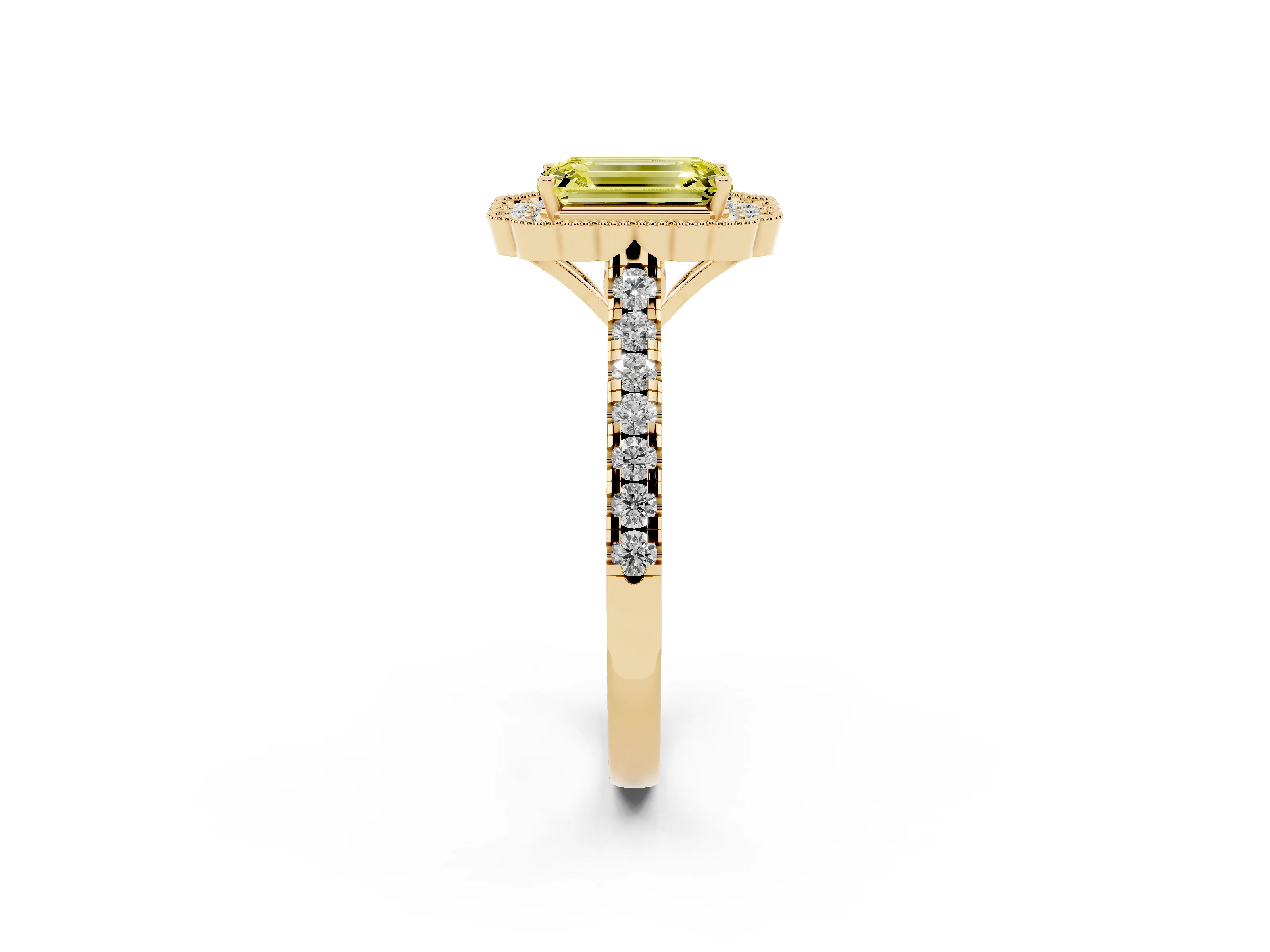 Fancy Yellow Emerald Cut Diamond Milgrain Floral Halo Engagement Ring Set in Yellow gold with Pavé Band