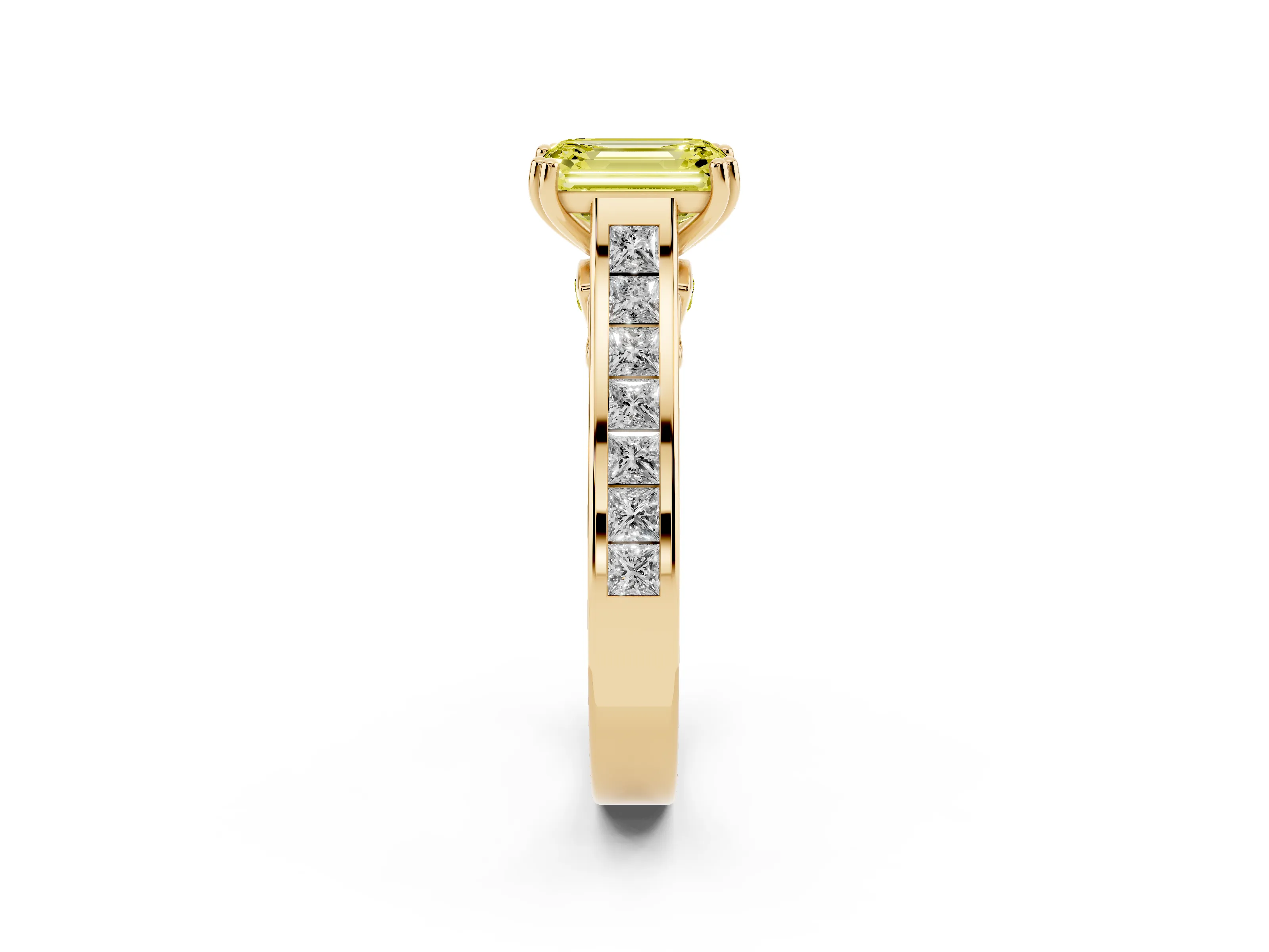 Fancy Yellow Emerald Cut Diamond Channel Set Solitaire Engagement Ring Set in Yellow gold with Prong Setting