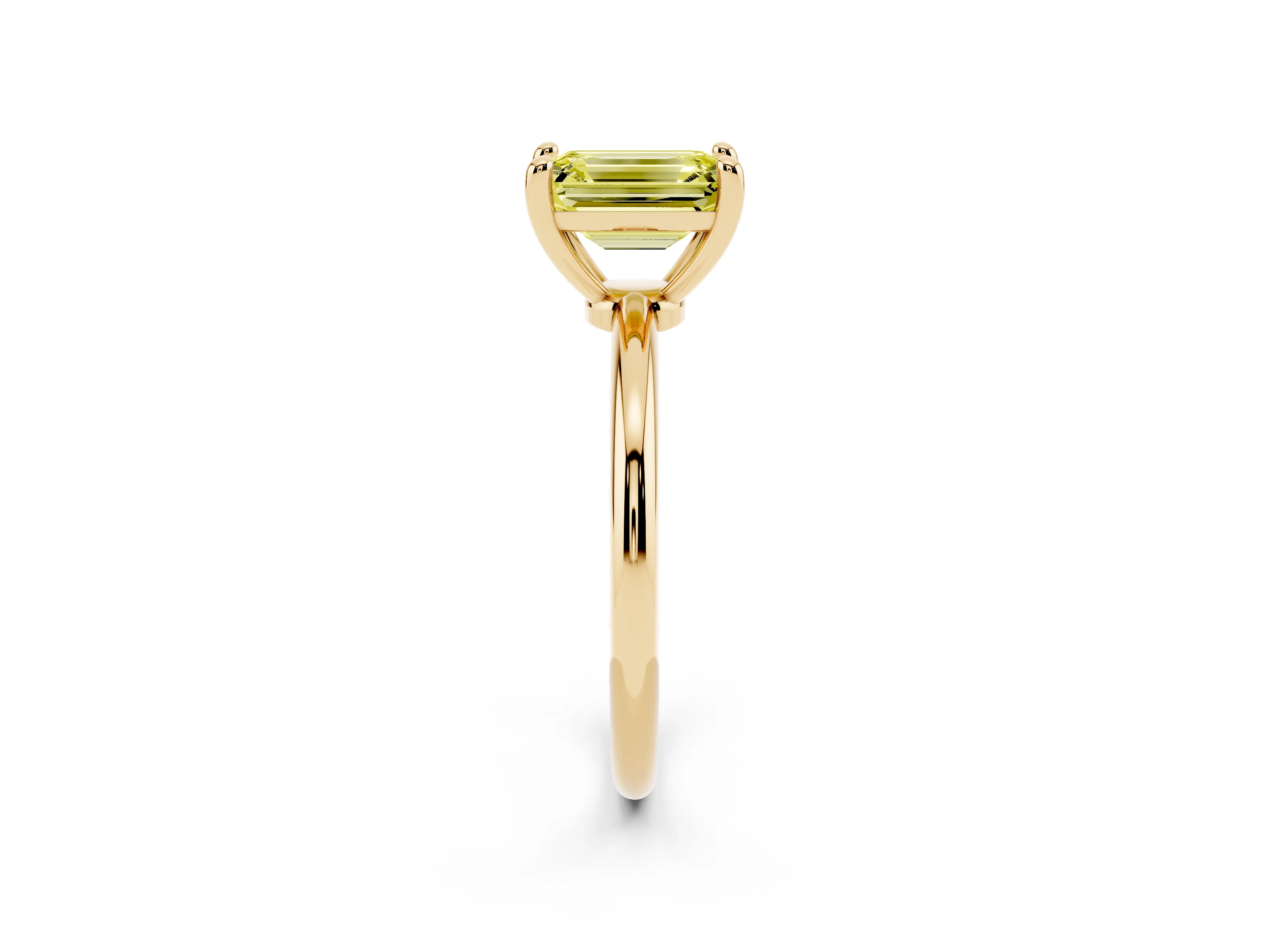 Fancy Yellow Emerald Cut Diamond Solitaire Ring Set in Yellow gold with Secure Prong Setting on a Classic Band