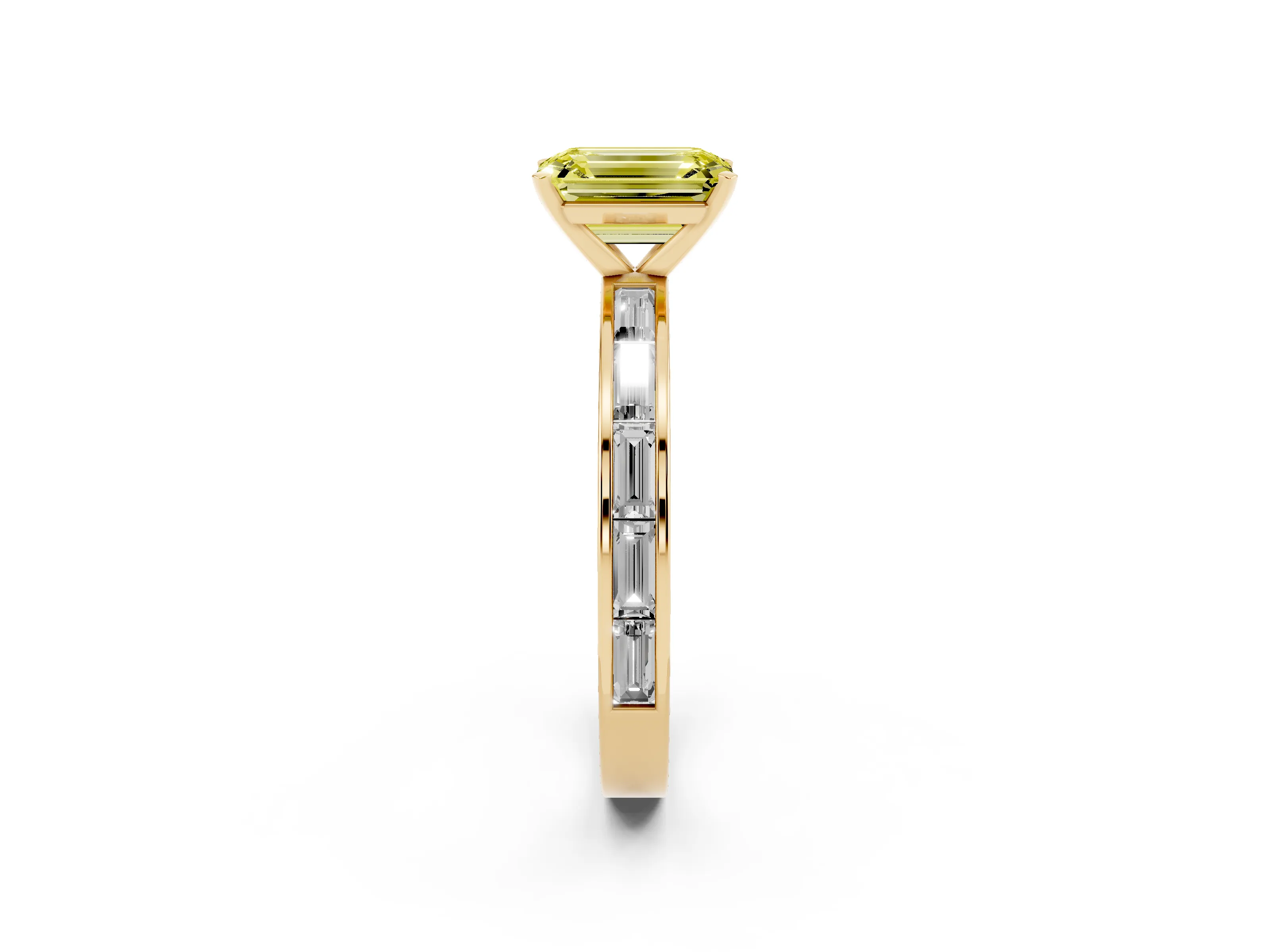 Fancy Yellow Emerald Cut Diamond Solitaire Ring Set in Yellow gold with Channel-Set Baguette Band and Prong Setting