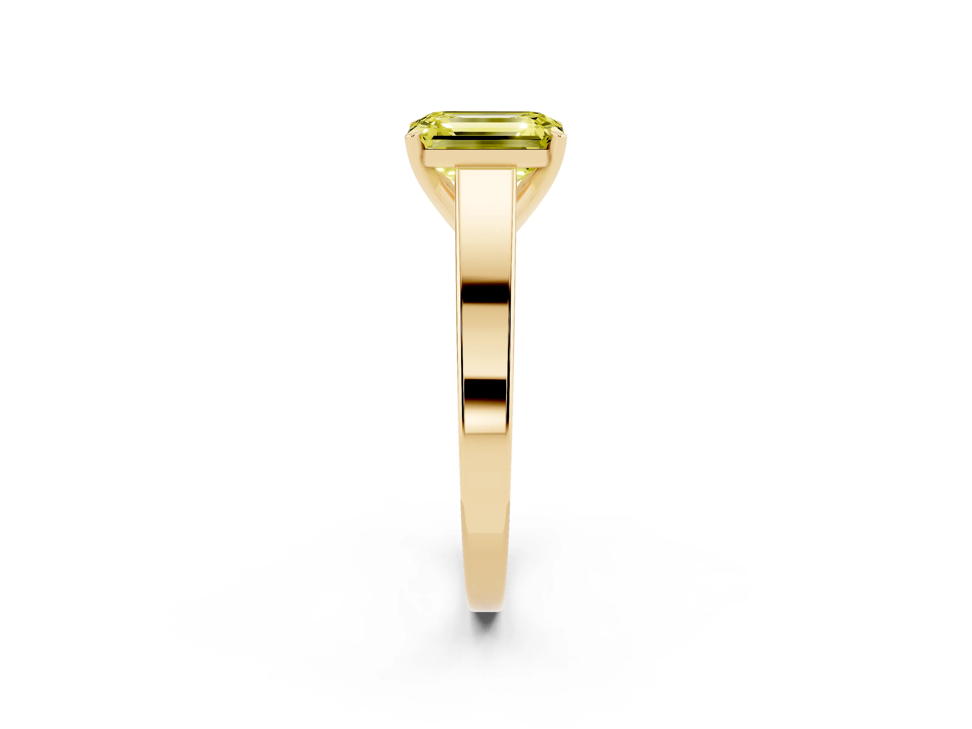 Fancy Yellow Emerald Cut Diamond Solitaire Engagement Ring Set in Yellow gold with Prong Setting and Tapered Band