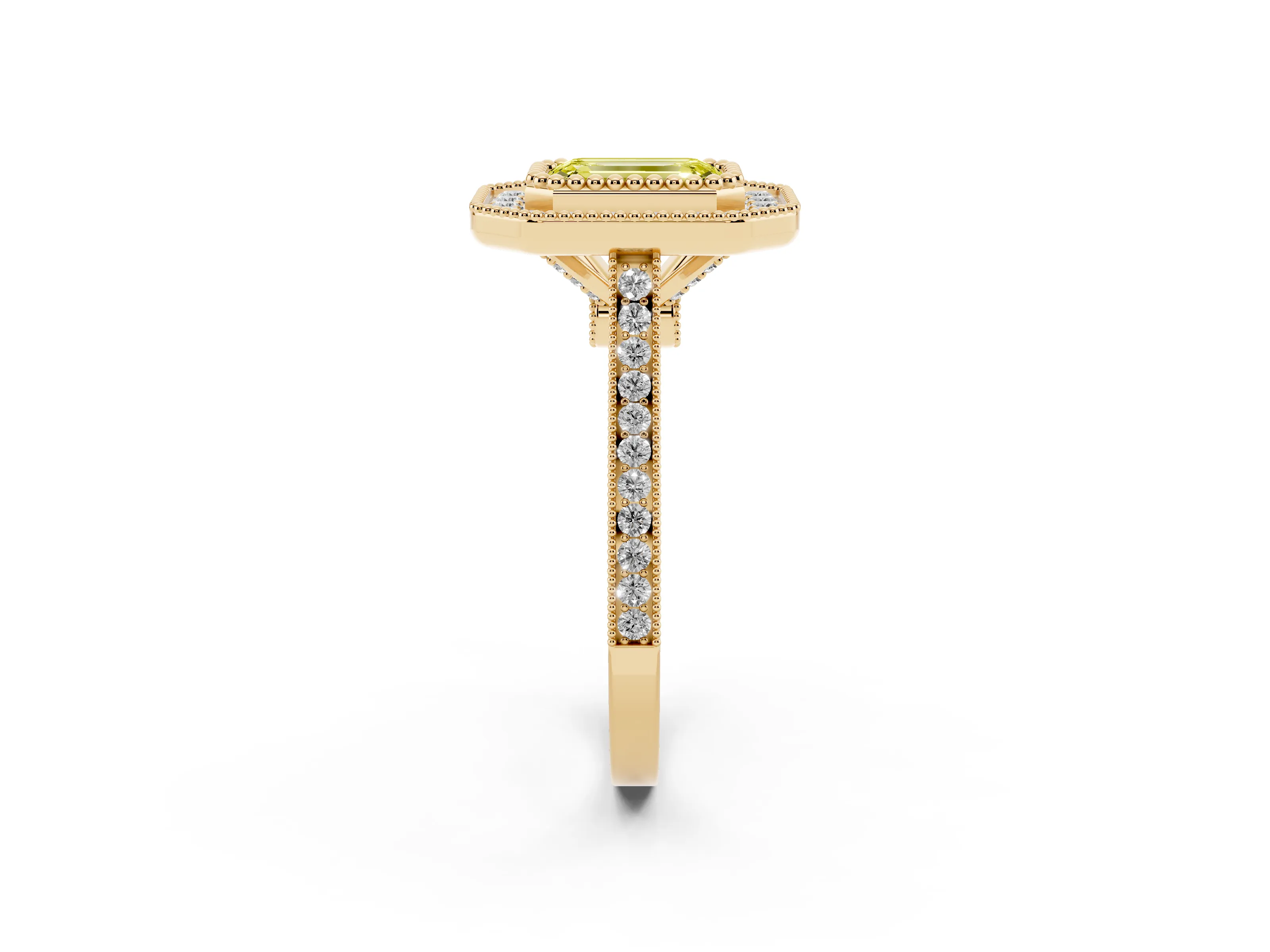 Fancy Yellow Emerald Cut Diamond Halo Ring Set in Yellow gold with Milgrain Frame and Pavé Band