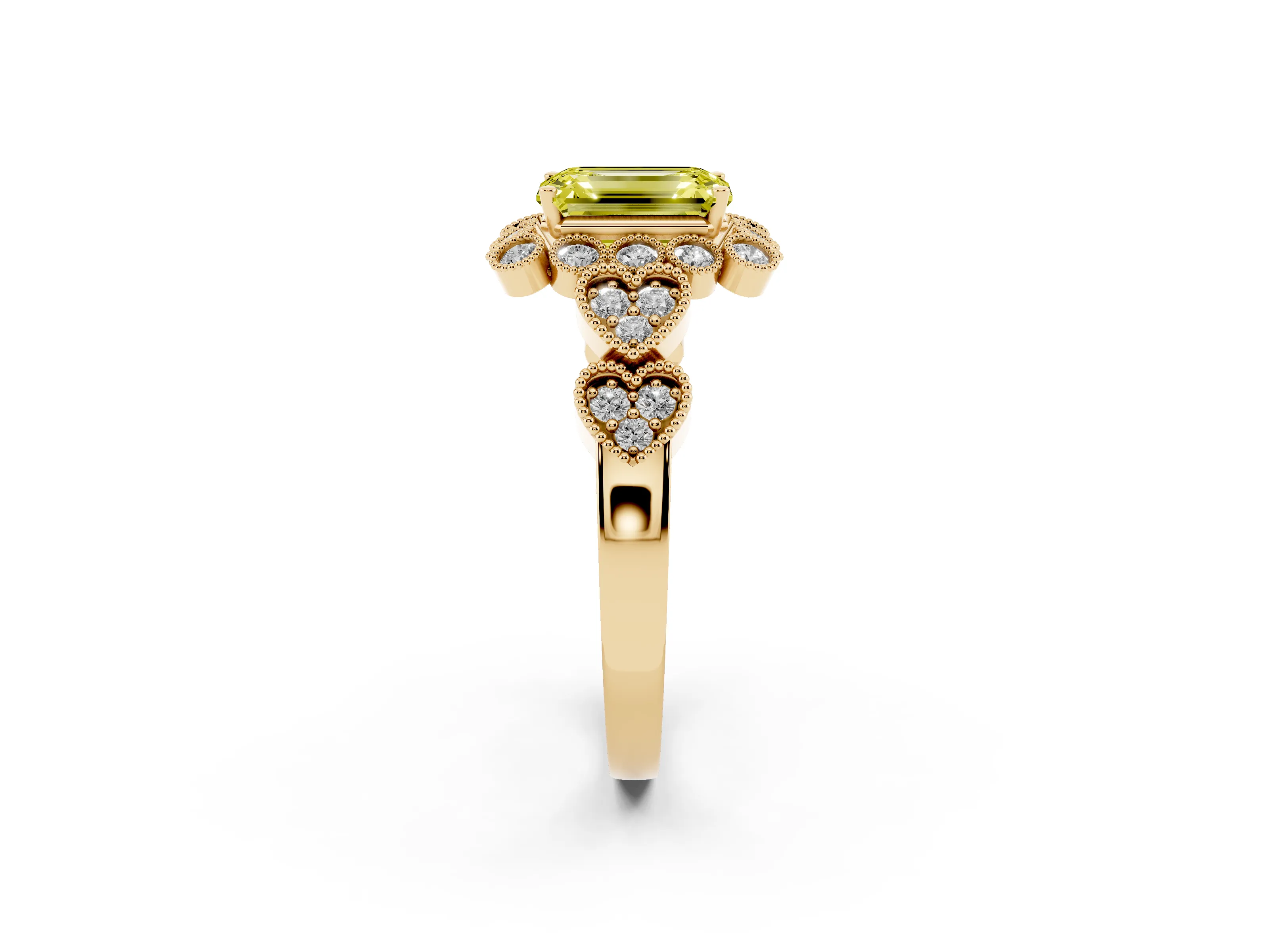 Fancy Yellow Emerald Cut Diamond Solitaire Ring Set in Yellow gold with Milgrain Pavé Heart Band