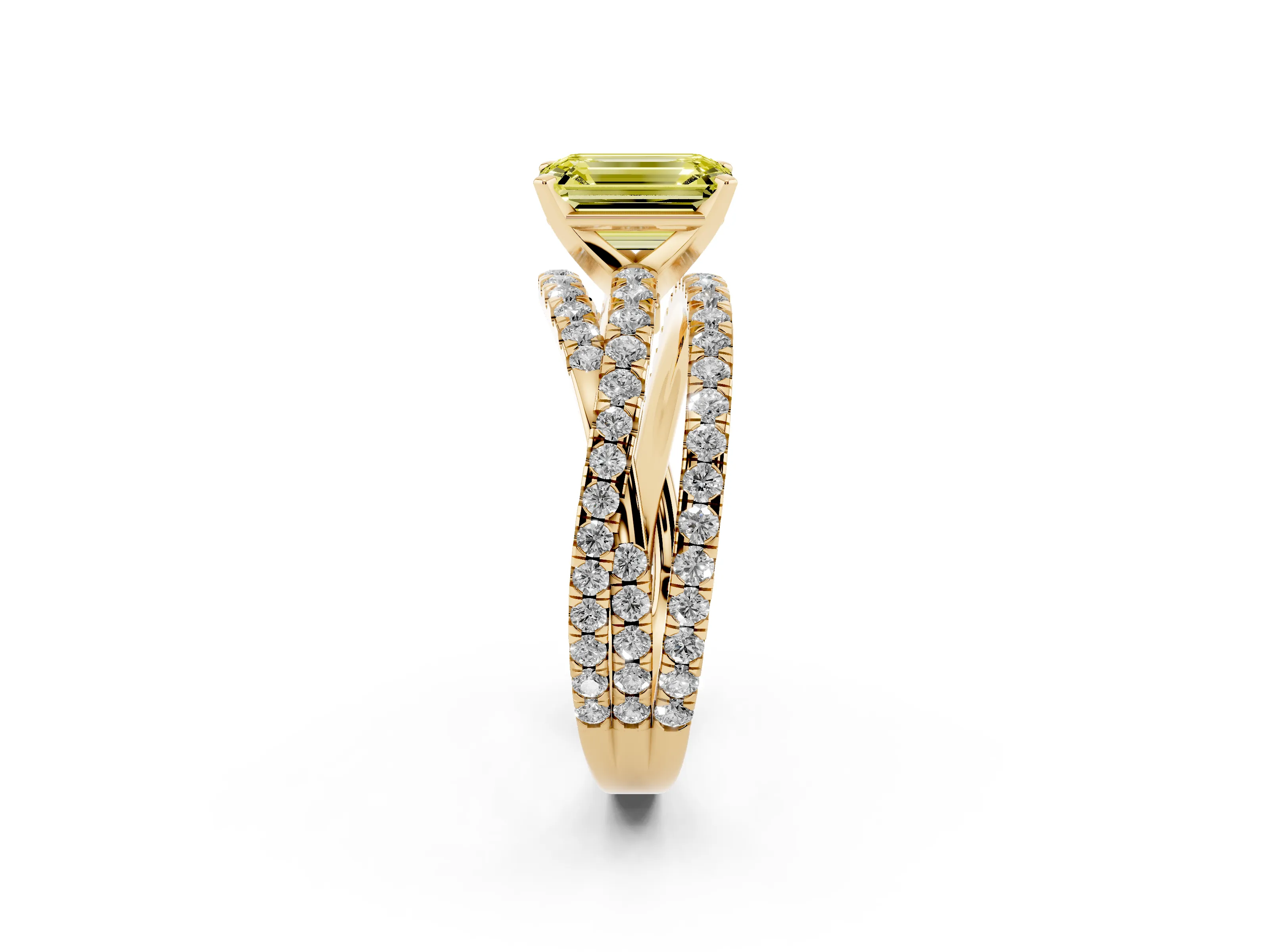 Fancy Yellow Emerald Cut Diamond Solitaire Twist Band Ring Set in Yellow gold with Pavé Setting and Prong Head
