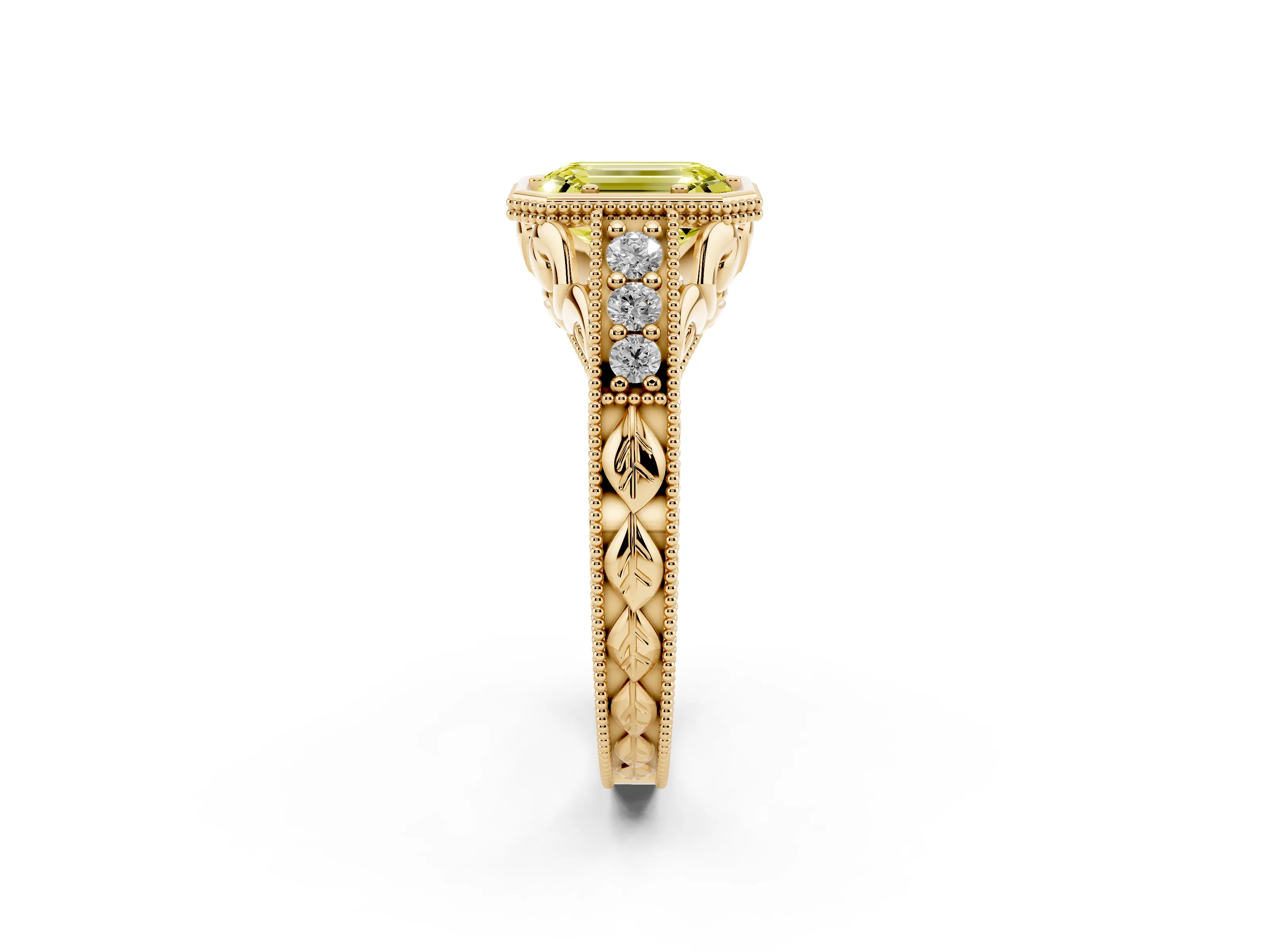 Fancy Yellow Bezel Set Emerald Cut Diamond Milgrain Pavé Engagement Ring Set in Yellow gold