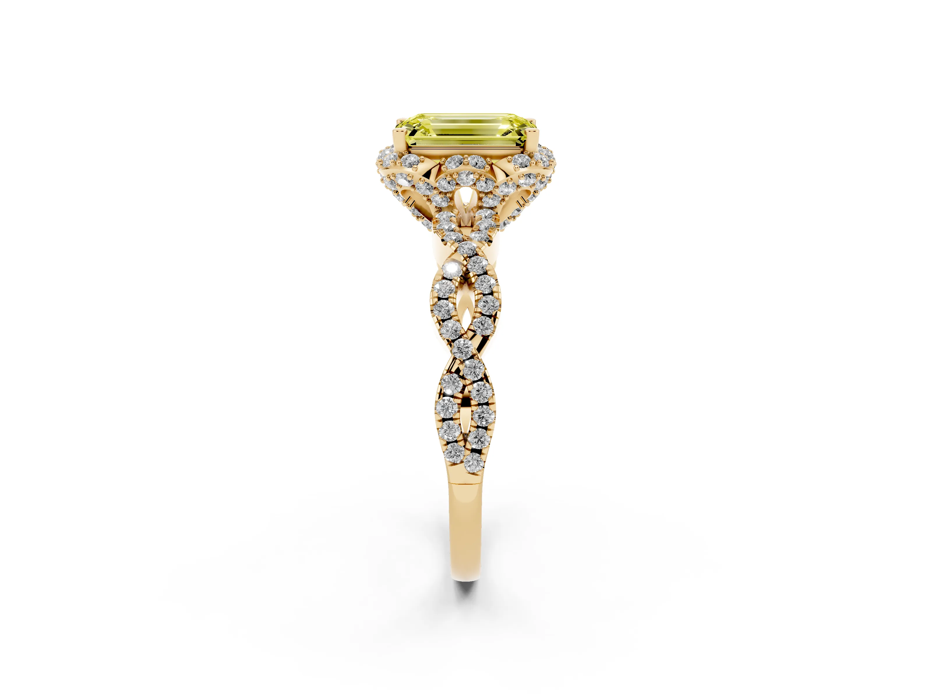 Fancy Yellow Emerald Cut Diamond Halo Twist Band Solitaire Ring Set in Yellow gold with Prong-Set Center Stone