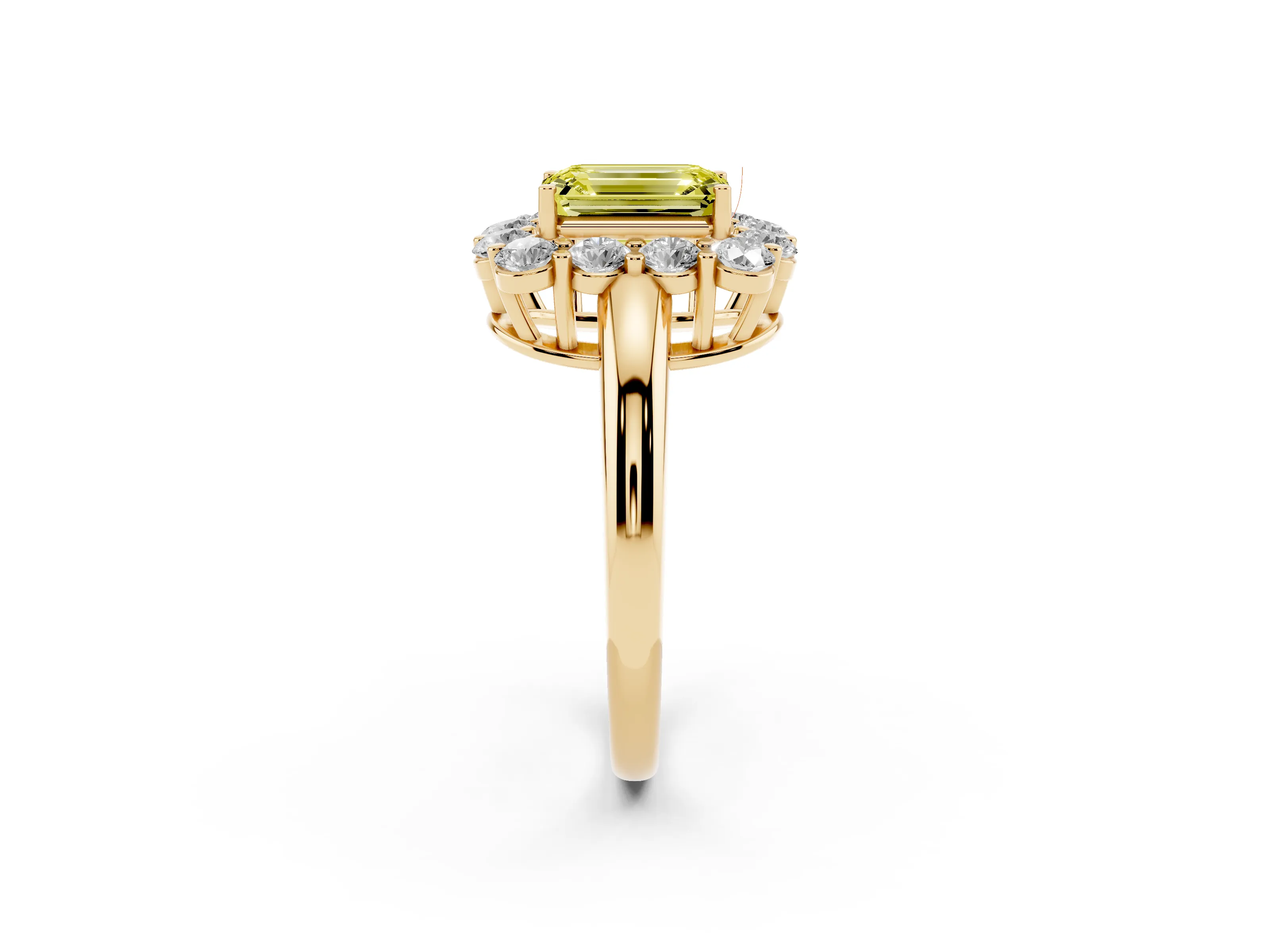 Fancy Yellow Emerald Cut Diamond Halo Cluster Engagement Ring Set in Yellow gold with Polished Band and Prong Setting