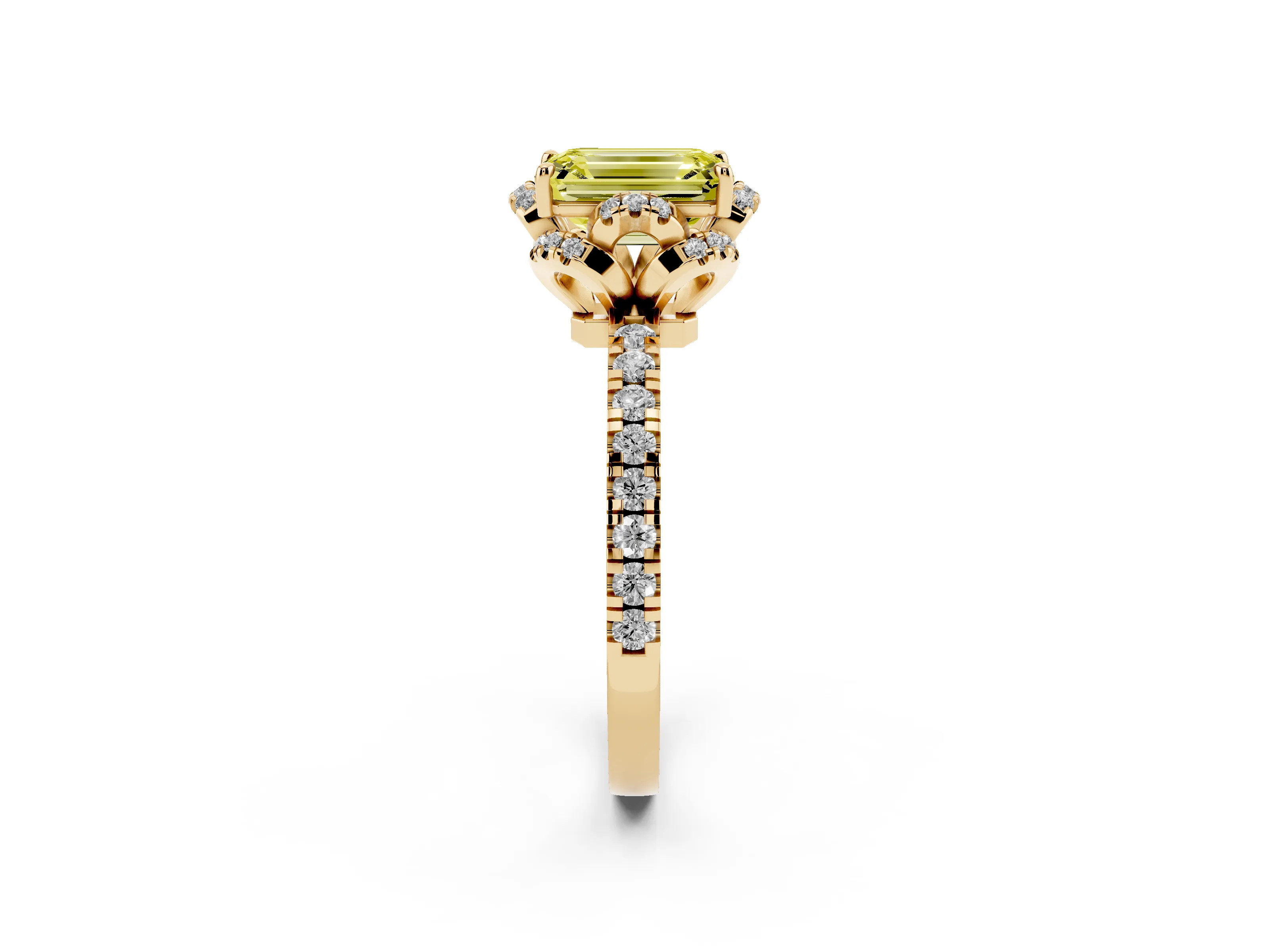 Fancy Yellow Emerald Cut Diamond Halo Pavé Band Ring Set in Yellow gold with Prong-Held Center
