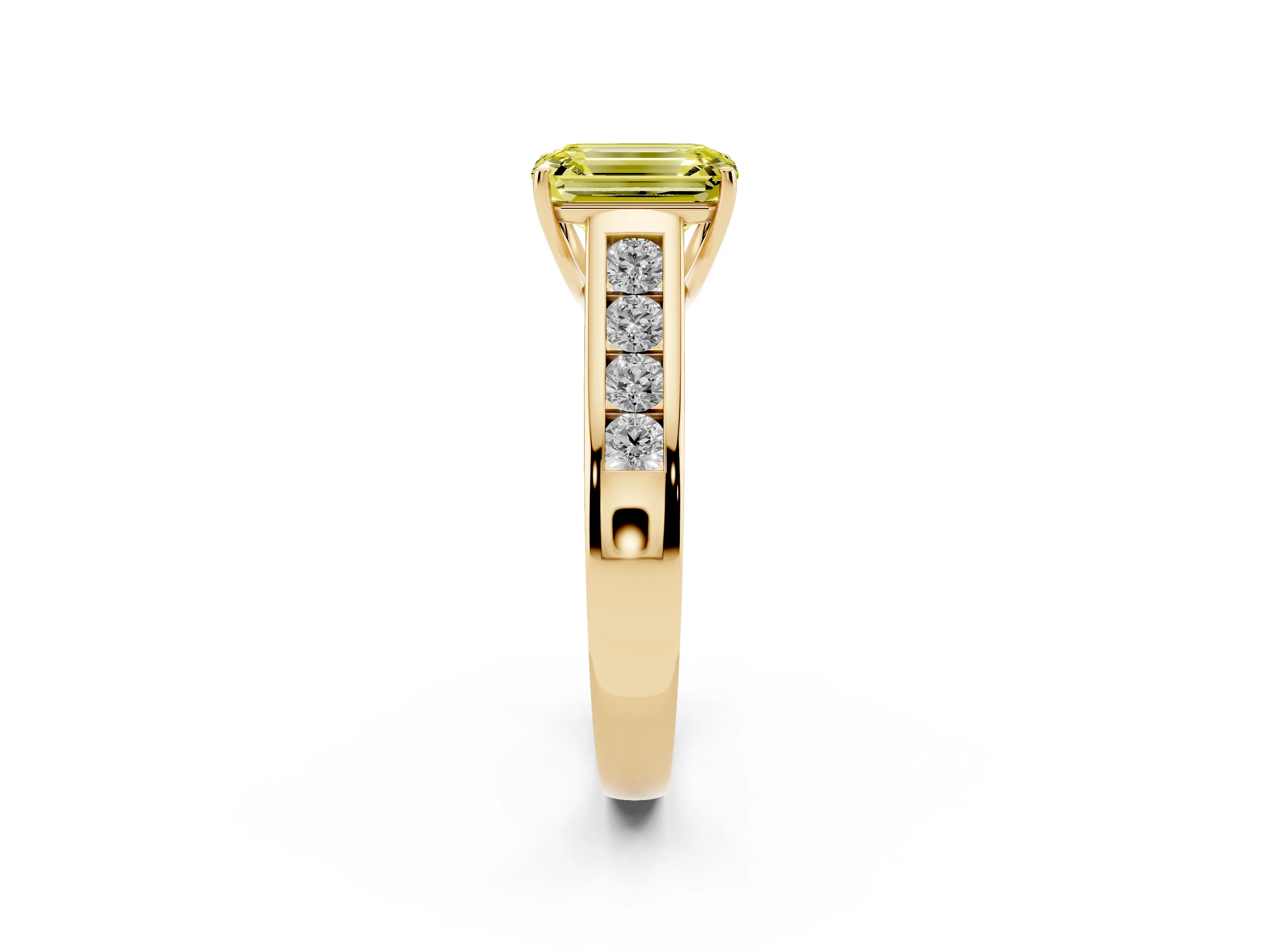 Fancy Yellow Emerald Cut Diamond Solitaire Channel-Set Engagement Ring Set in Yellow gold with Prong Setting