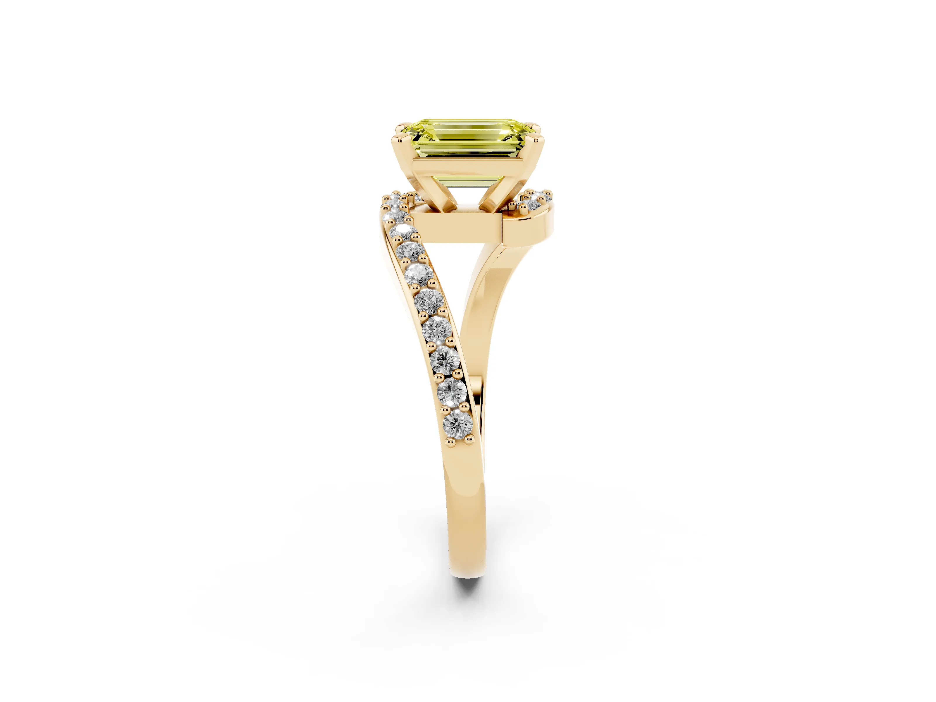 Fancy Yellow Emerald Cut Diamond Solitaire Ring Set in Yellow gold with Pavé Twist Band and Prong Setting