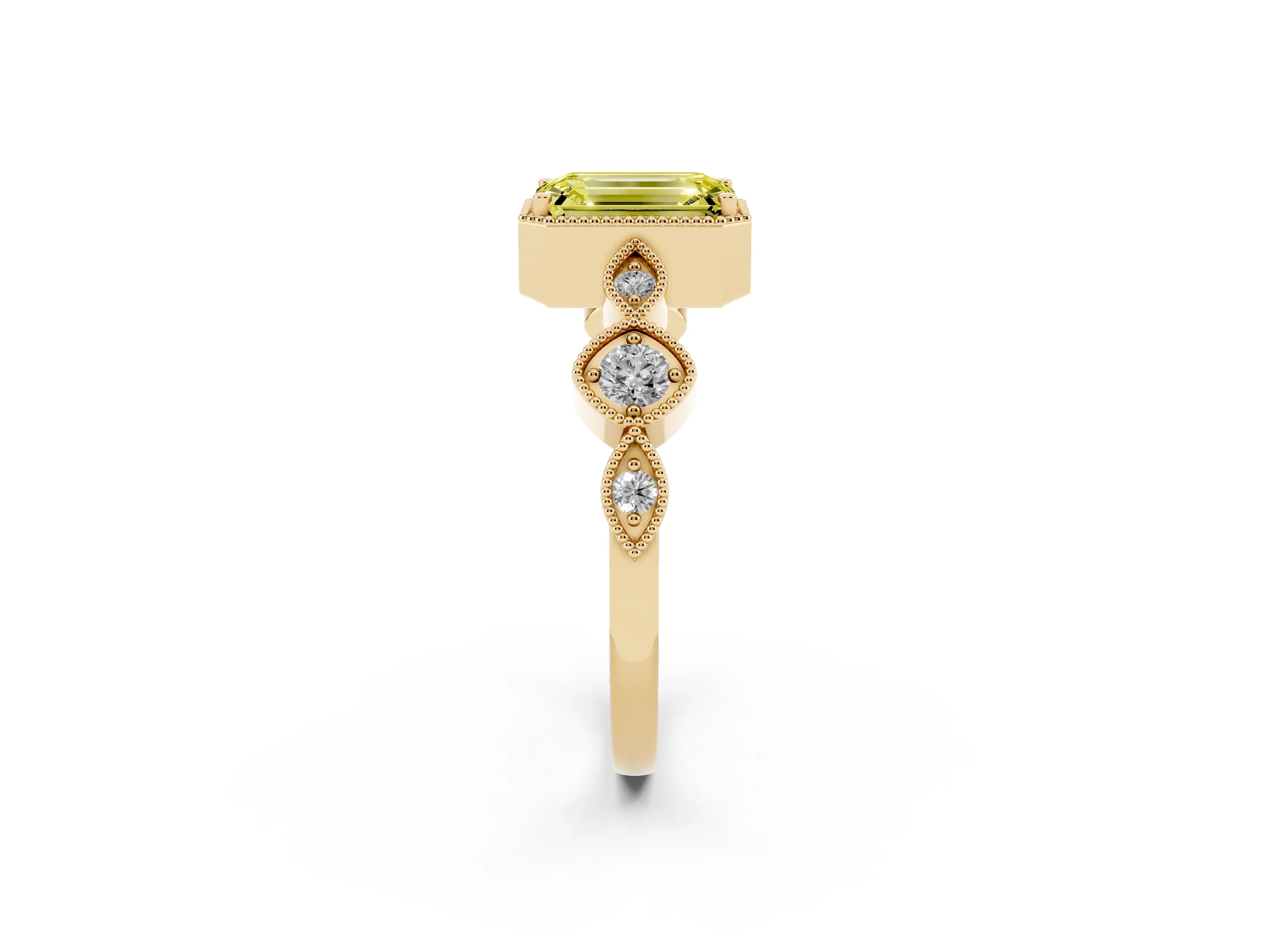 Fancy Yellow Emerald Cut Diamond Vintage-Inspired Milgrain Ring Set in Yellow gold with Marquise Stations of Round Accents