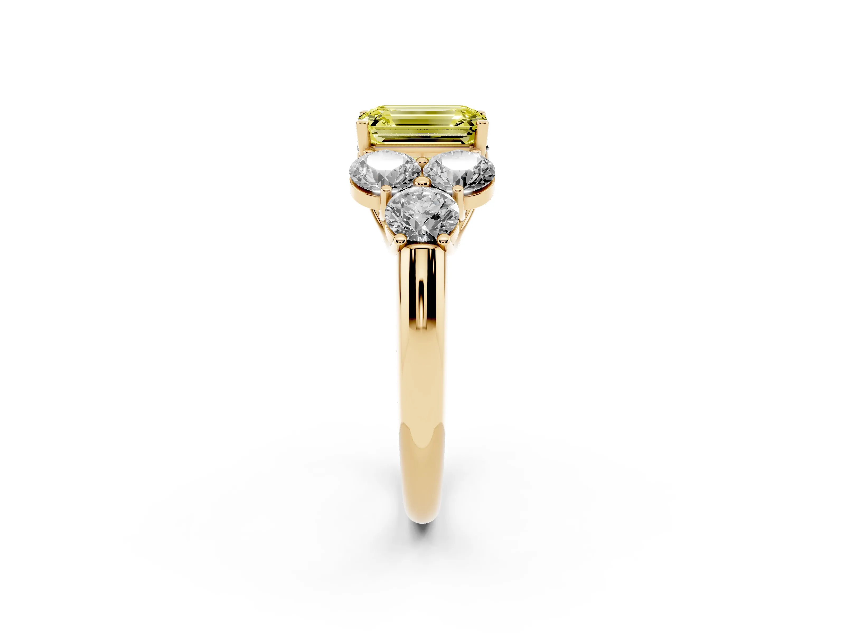Fancy Yellow Emerald Cut Diamond Cluster Ring Set in Yellow gold with Round Accent Stones and Prong Setting on a Plain Band