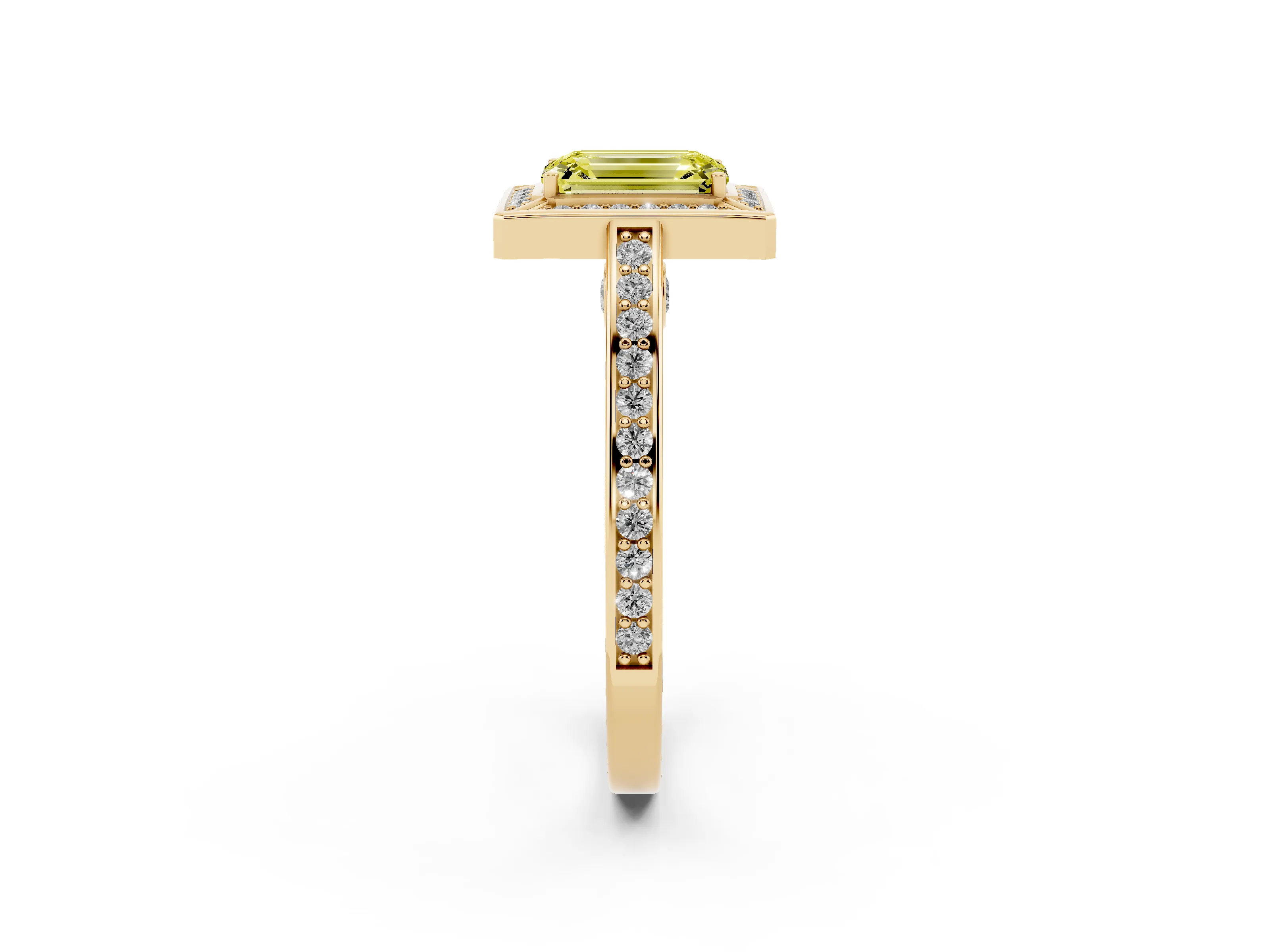 Fancy Yellow Emerald Cut Diamond Halo Pavé Split Shank Ring Set in Yellow gold with Prong Setting