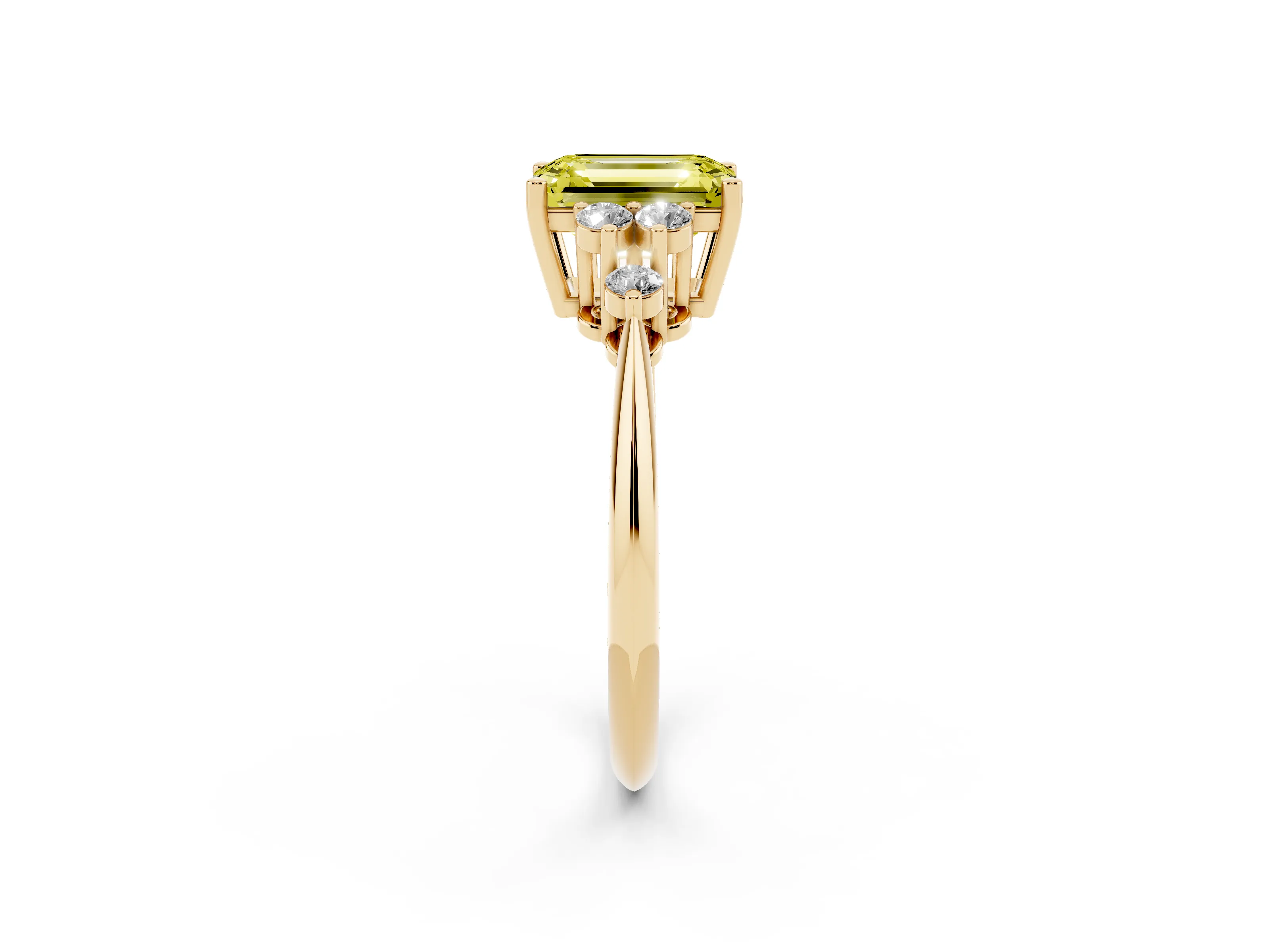 Fancy Yellow Emerald Cut Diamond Cluster Ring Set in Yellow gold with Plain Band and Prong Setting