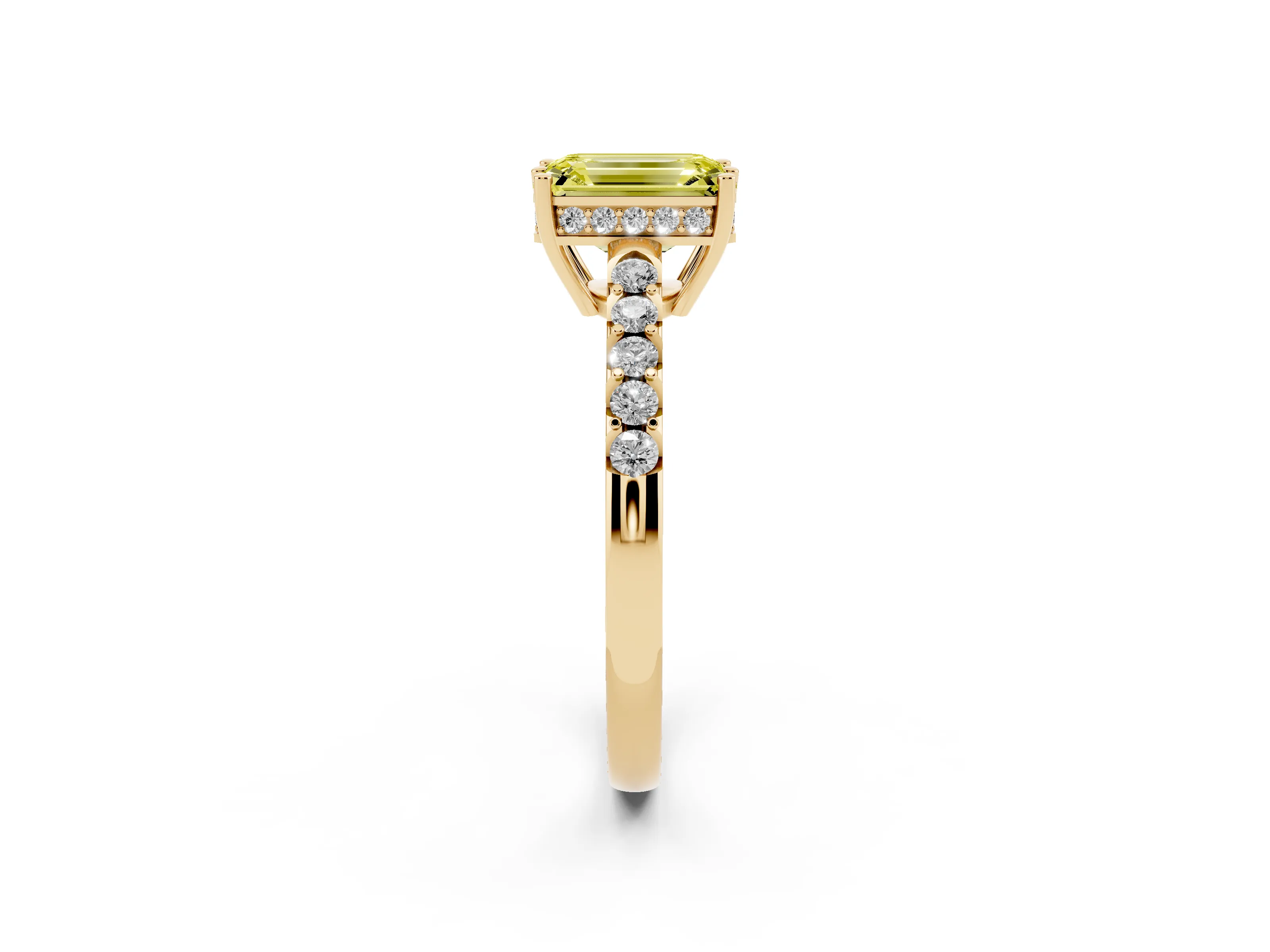 Fancy Yellow Emerald Cut Diamond Solitaire Engagement Ring Set in Yellow gold with Pavé Band and Prong Setting