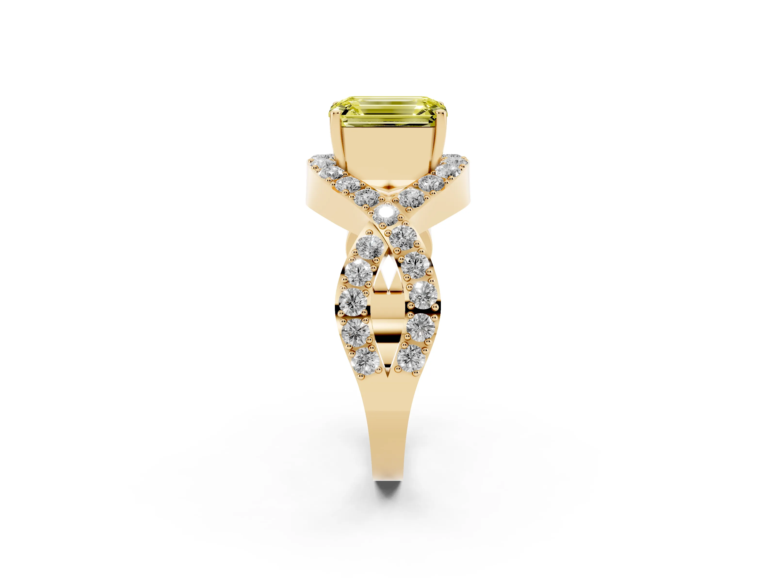Fancy Yellow Emerald Cut Diamond Solitaire Twist Band Pavé Engagement Ring Set in Yellow gold