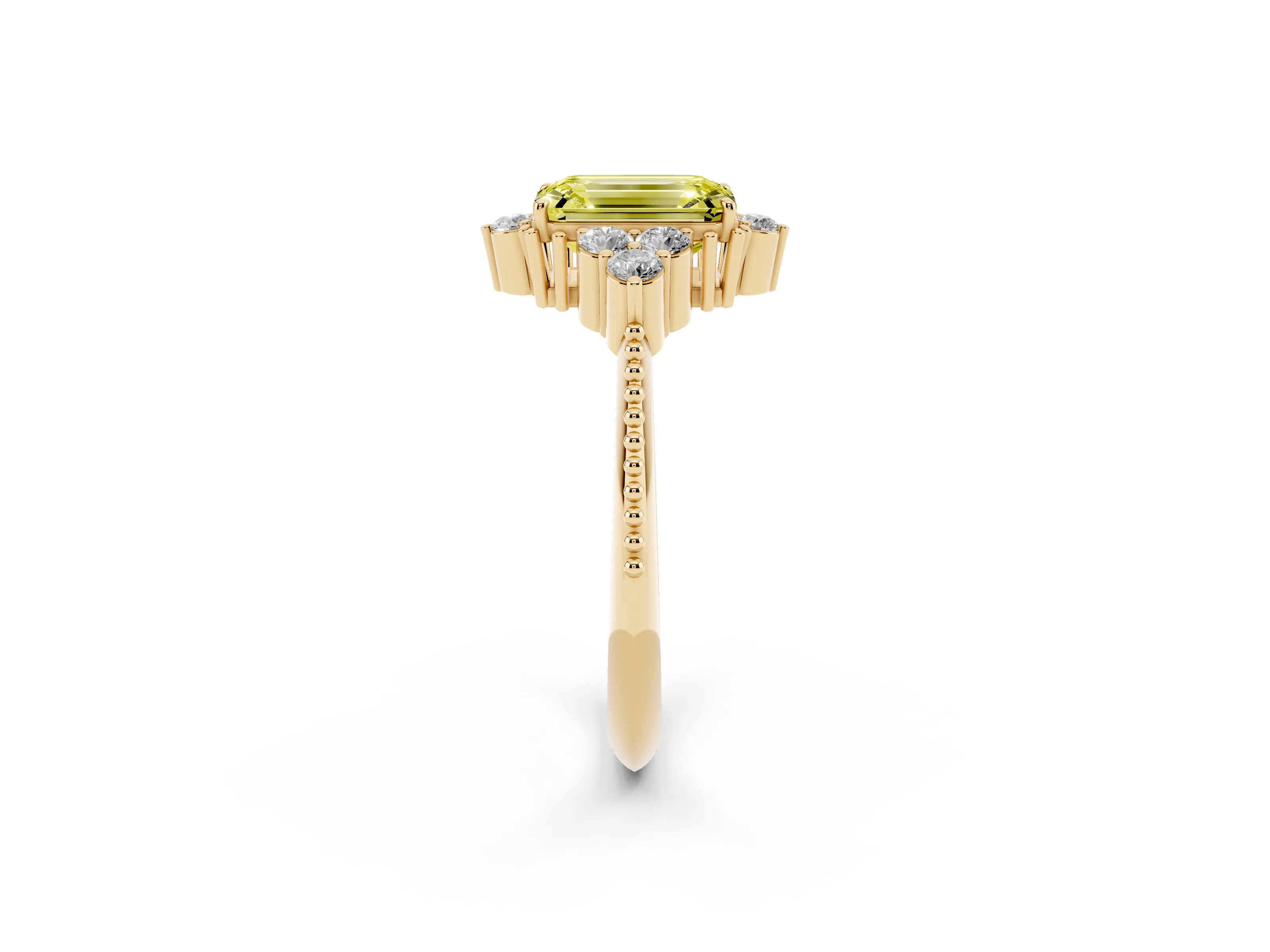 Fancy Yellow Emerald Cut Diamond Cluster Ring Set in Yellow gold with Beaded Band