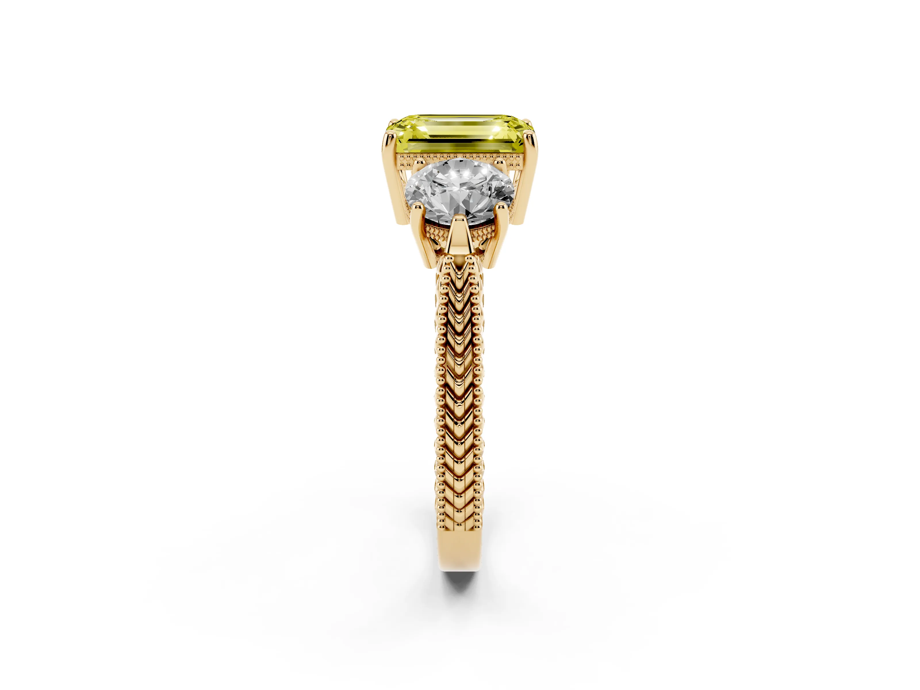 Fancy Yellow Emerald Cut Diamond Three-Stone Ring Set in Yellow gold with Milgrain Band
