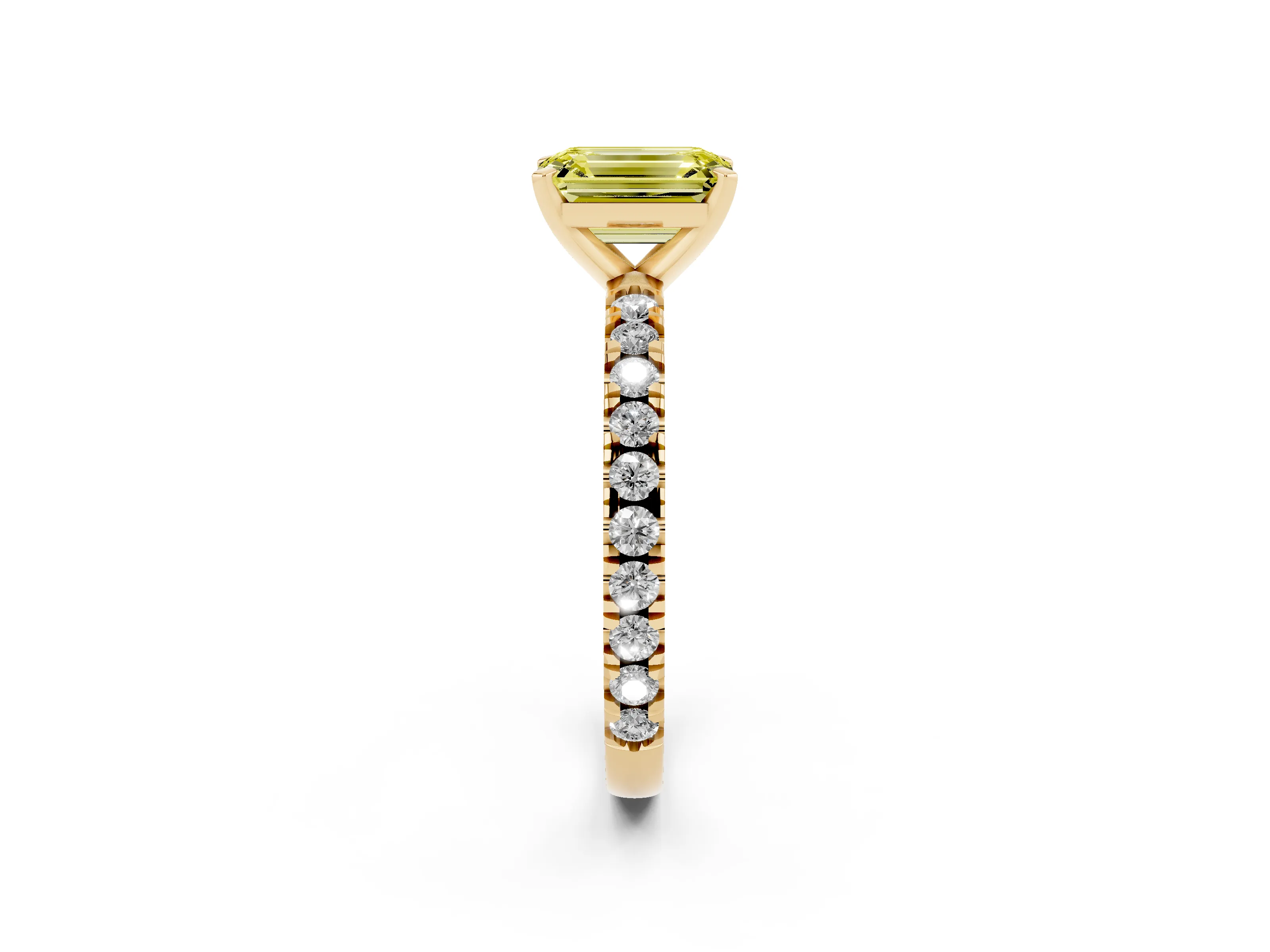 Fancy Yellow Emerald Cut Diamond Pavé Band Solitaire Set in Yellow gold with Prong Setting