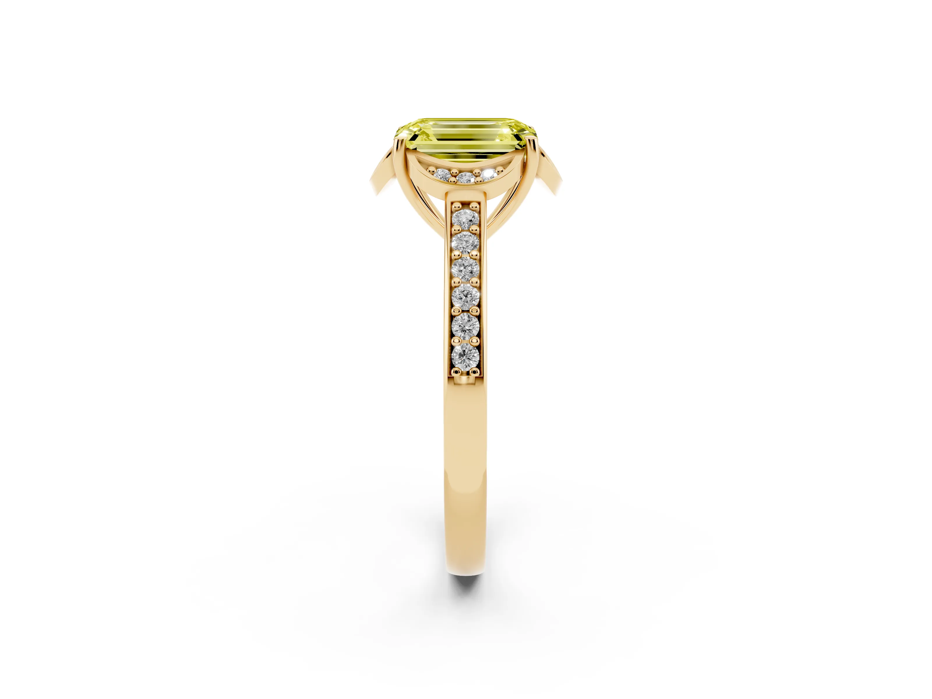 Fancy Yellow Emerald Cut Diamond Halo Ring Set in Yellow gold with Channel Set Band and Prong Setting