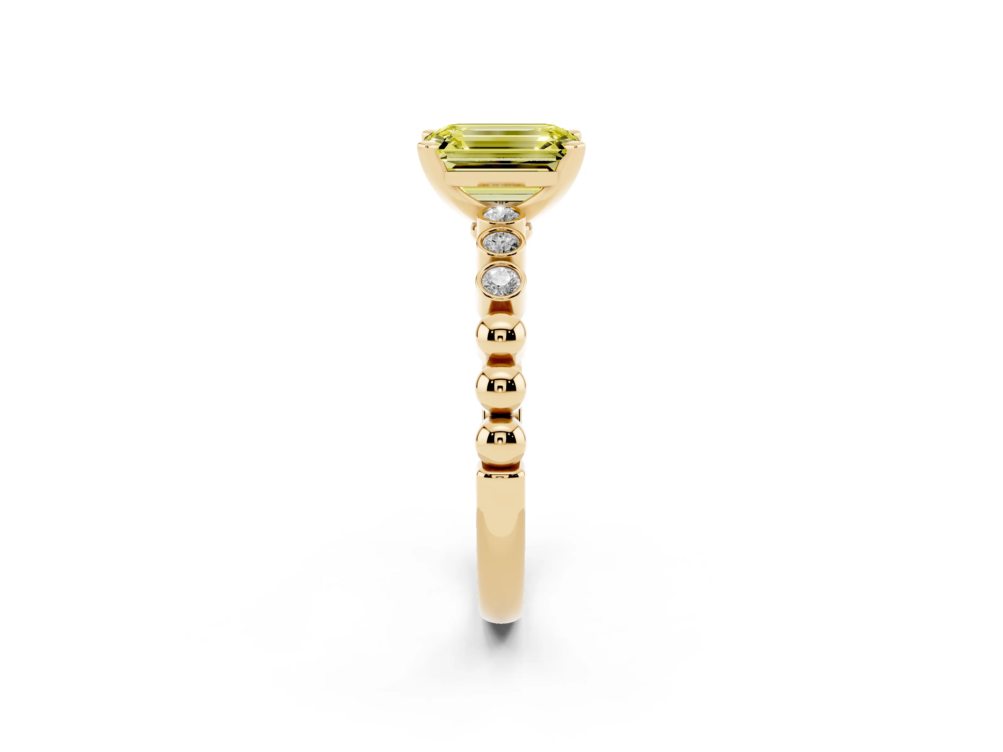 Fancy Yellow Emerald Cut Diamond Solitaire Engagement Ring Set in Yellow gold with Bezel Accents on Beaded Band